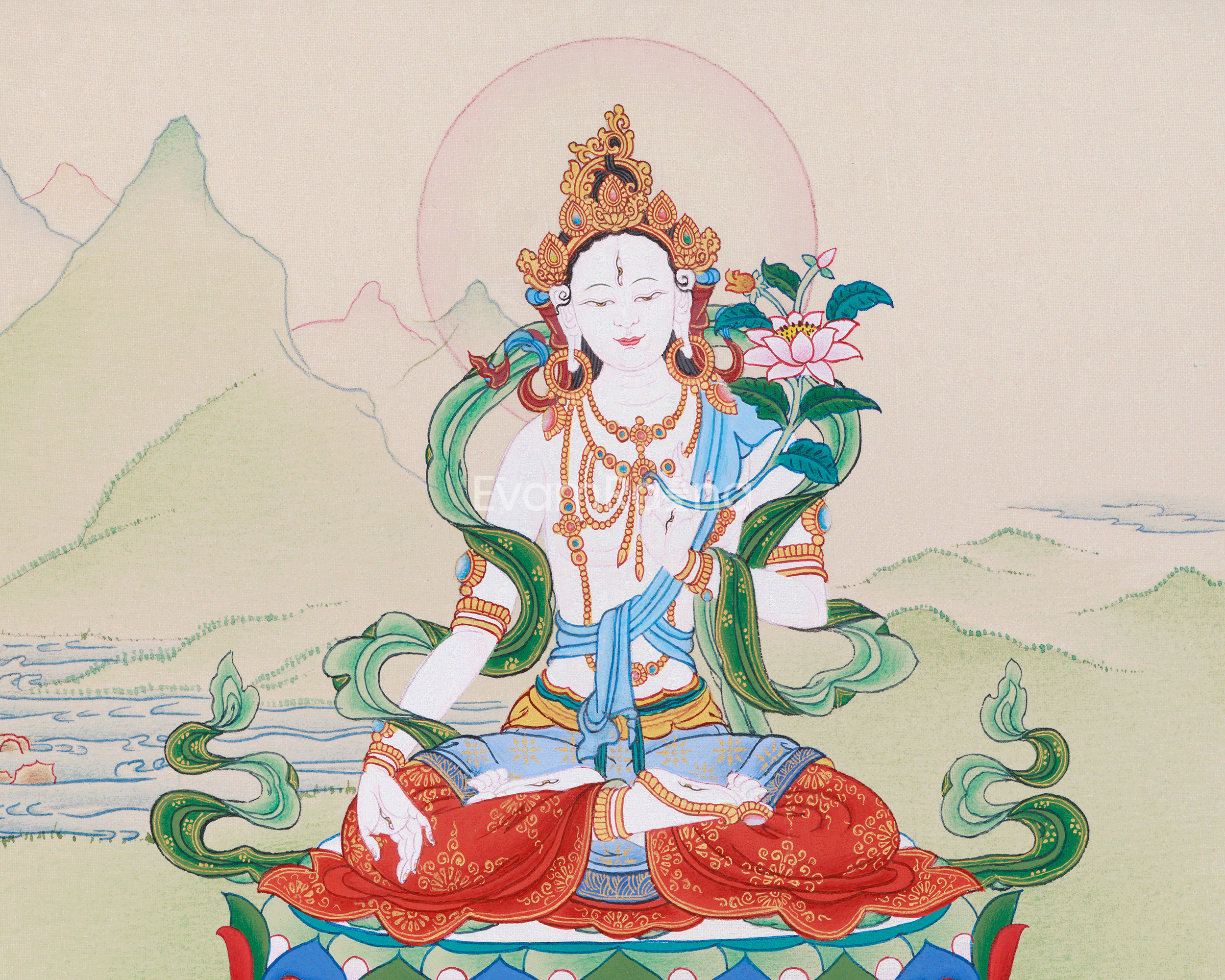 Hand-Painted Seven Eyes White Tara Thangka | Buddhist Art for Longevity and Healing