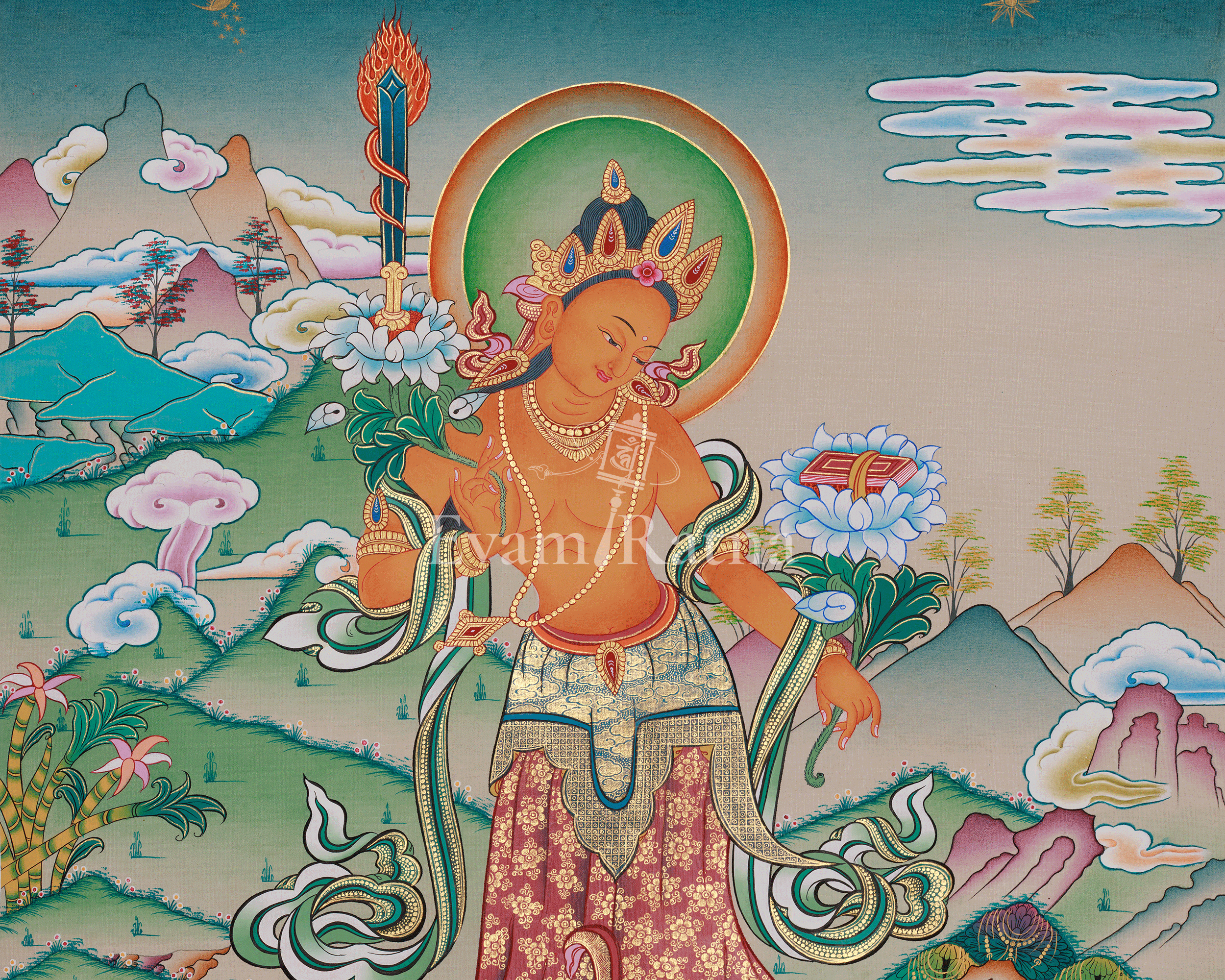 Standing Manjushri Thangka | Sacred Himalayan Wisdom Deity