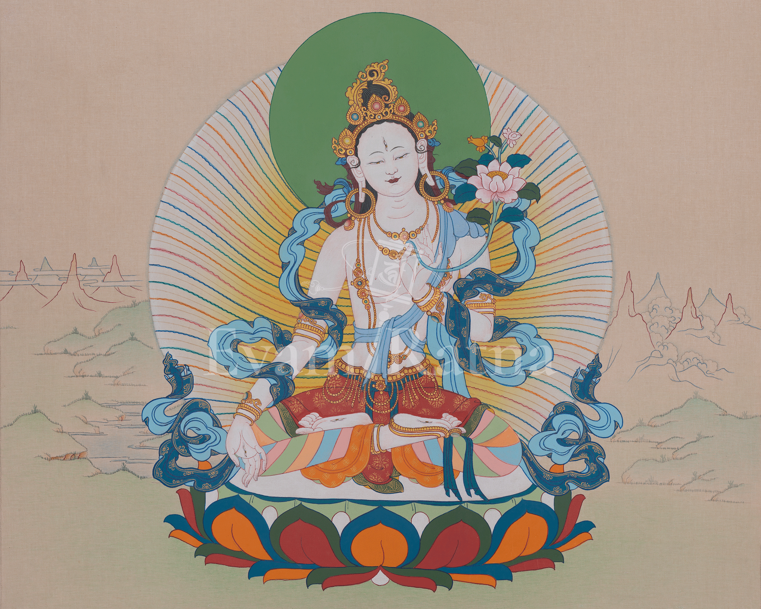 White Tara Spiritual Artwork | Sita Tara | Healing Deity | Traditional Thangka