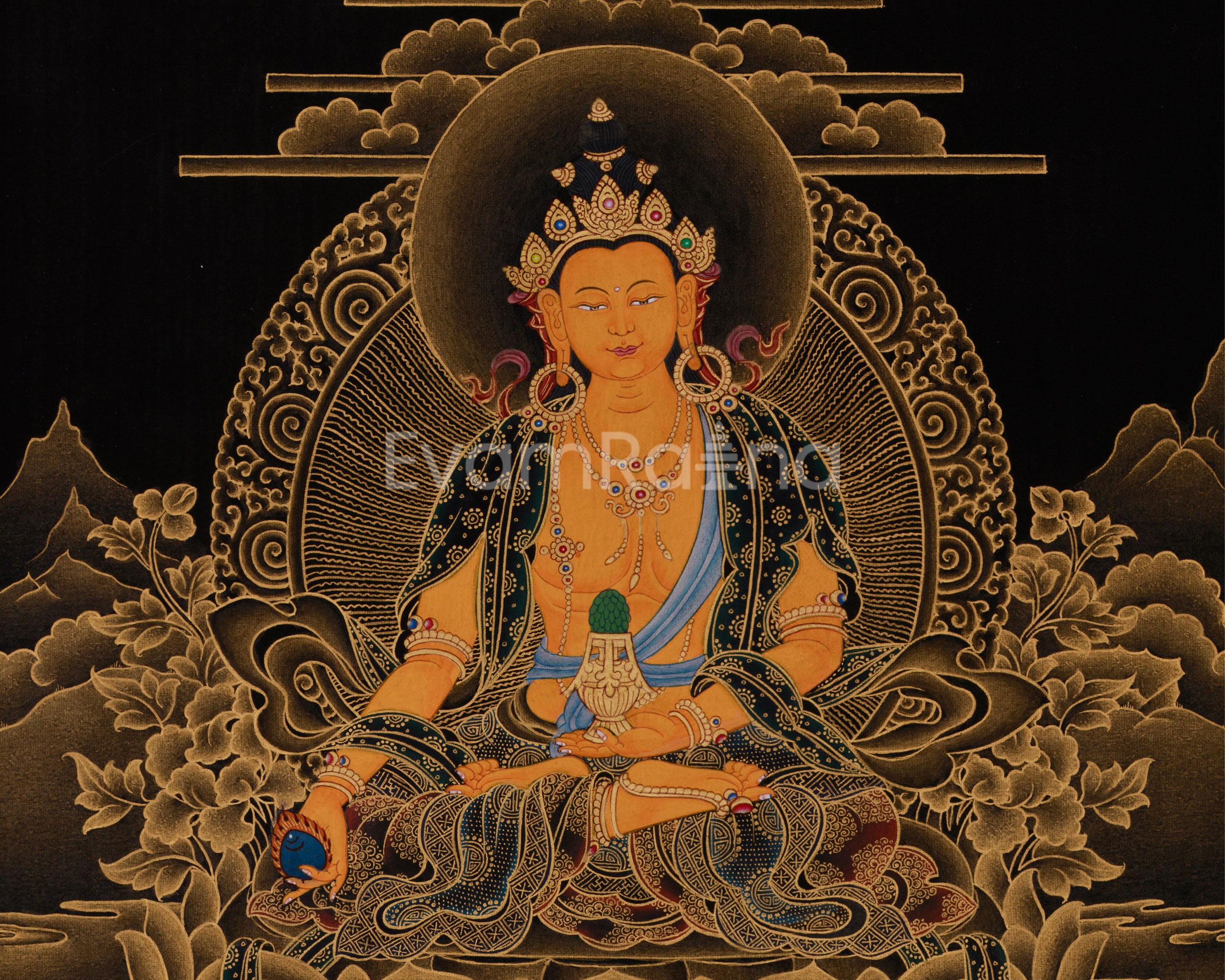 24K Gold Thangka of Kshitigarbha | Symbol of Compassion, Afterlife Guidance & Deep Meditation
