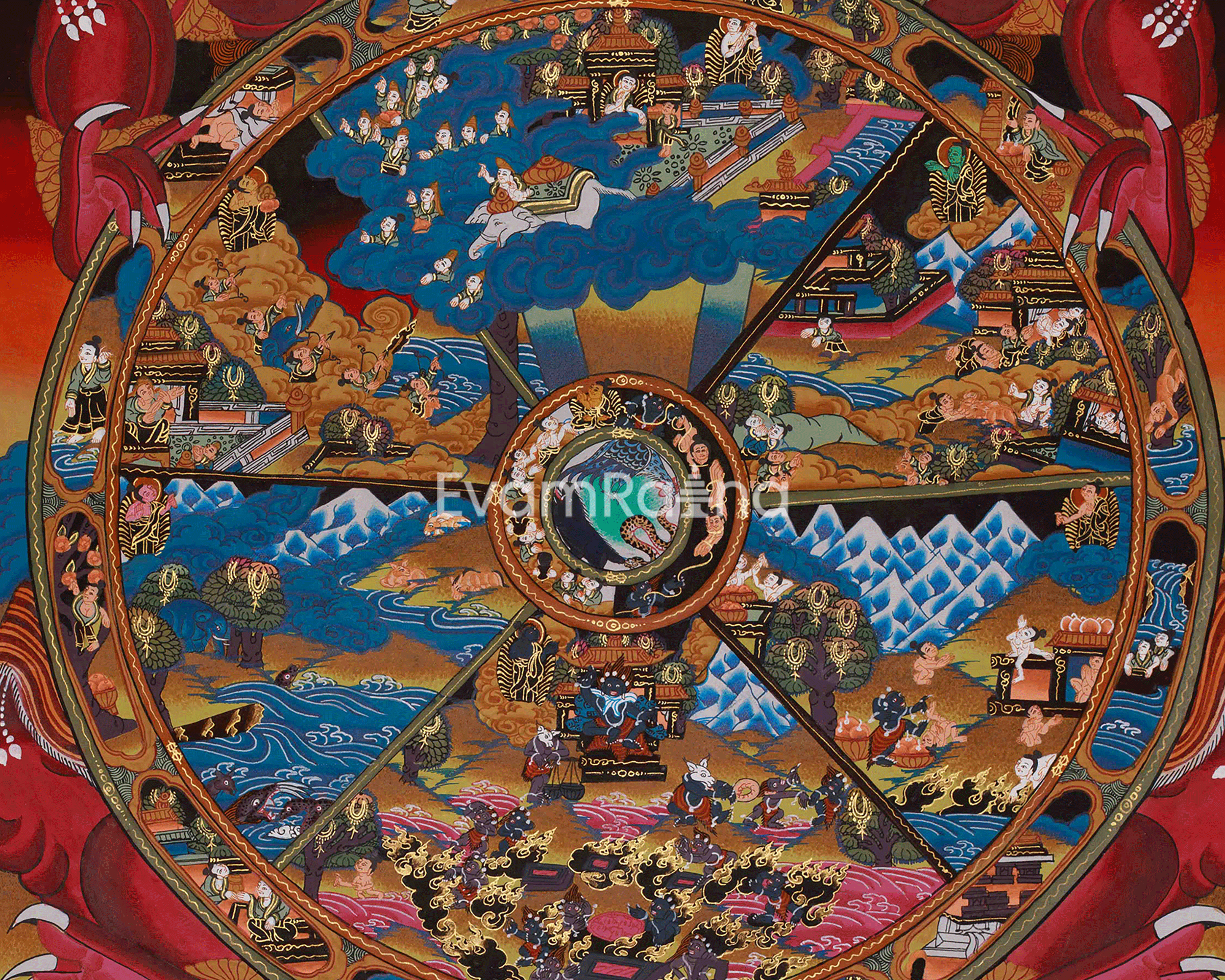 Buddhist Wheel of Life Art | Hand Painted Bhavachakra Thangka | Meditation Altar