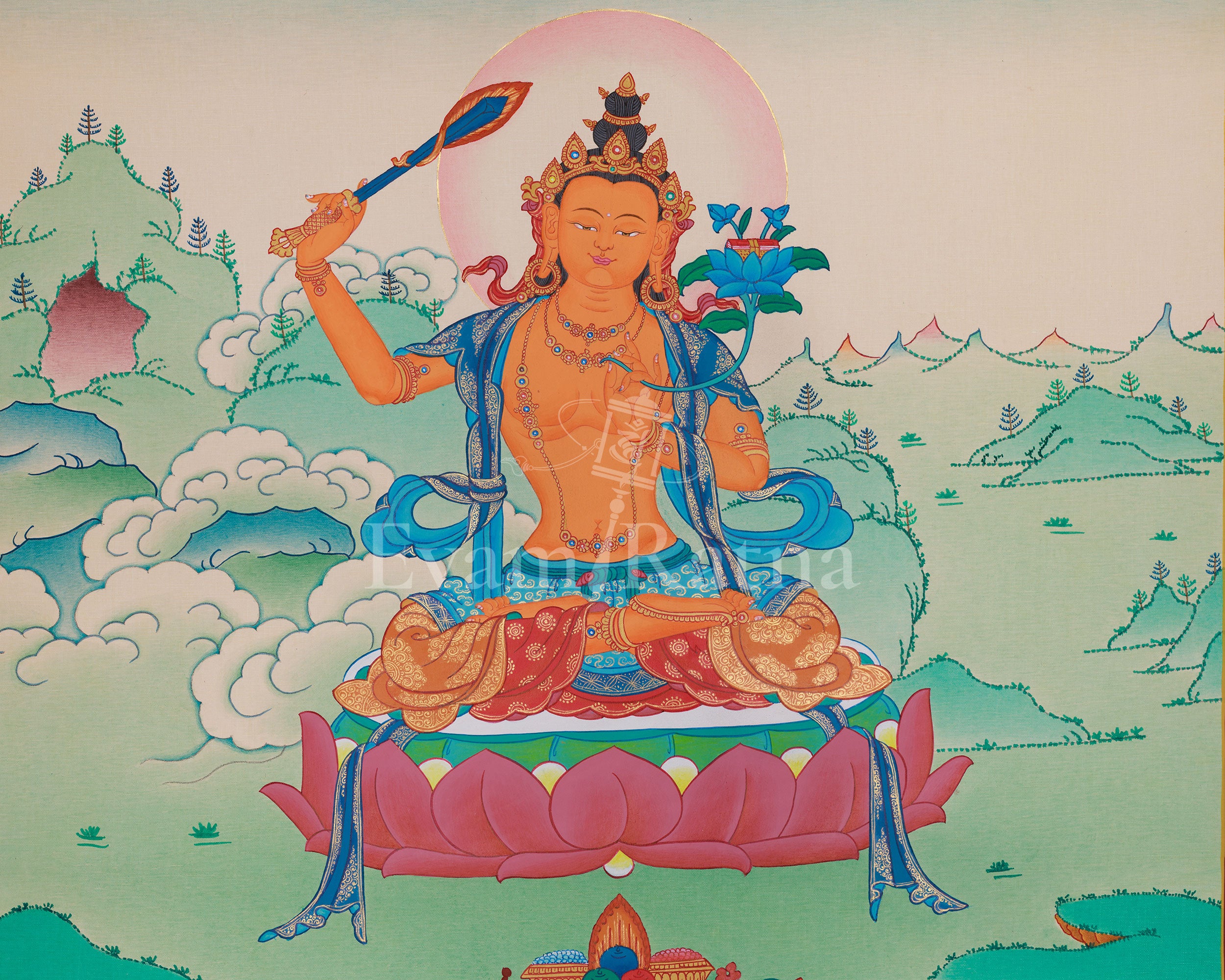 Authentic Tibetan Manjushri Thangka | Sacred Wisdom Bodhisattva Artwork