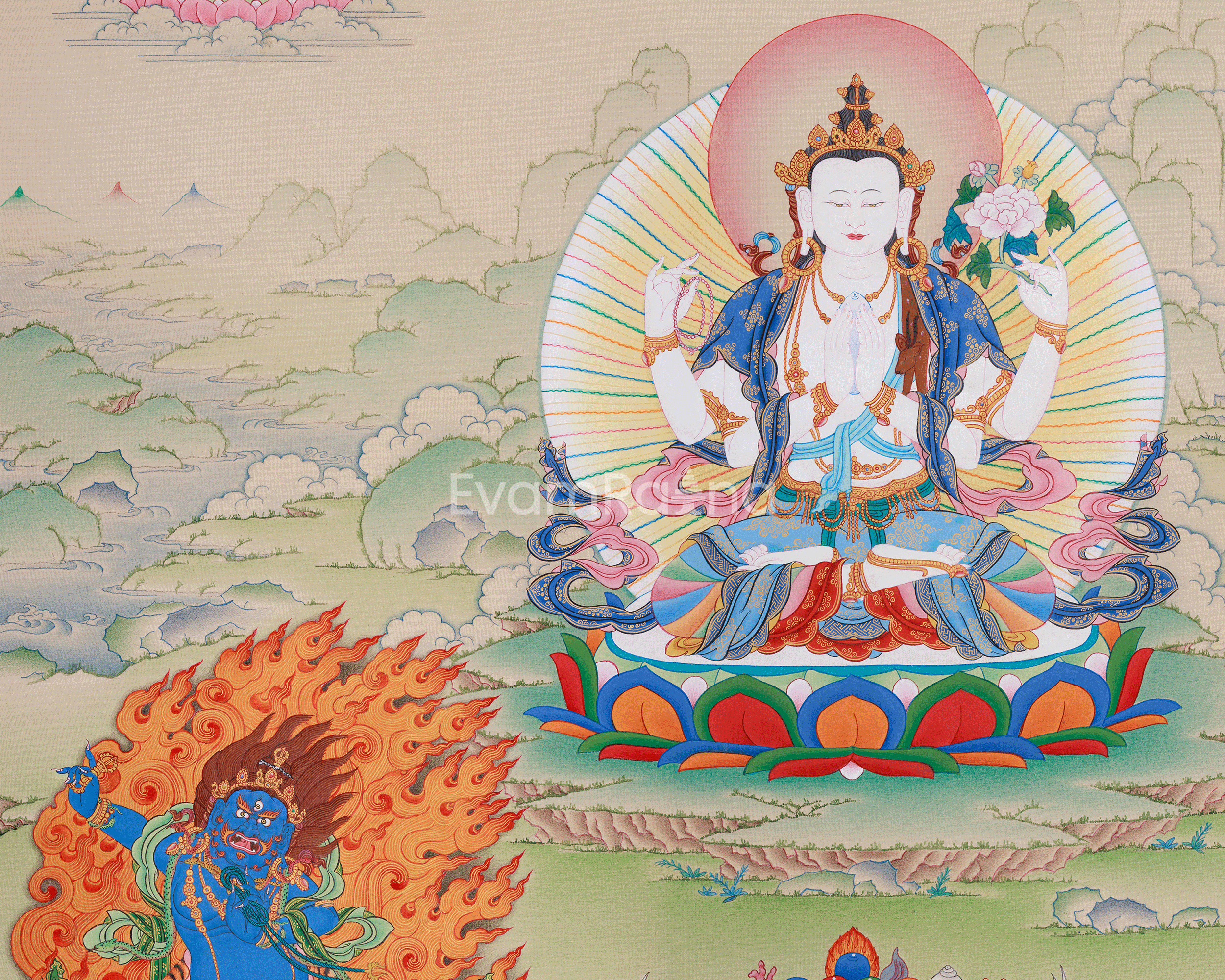 Thangka of Four-Armed Chenrezig, Compassion Buddha | With Manjushri and Vajrapani