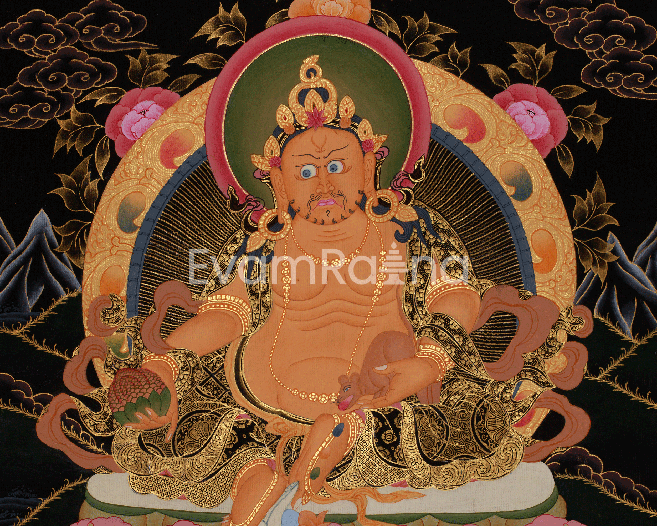 Dzambhala Prosperity Thangka | Hand Painted Buddhist Wealth Deity Art
