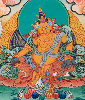 Dzambala Kubera Thangka With Brocade | Hand-Painted Deity Of Wealth