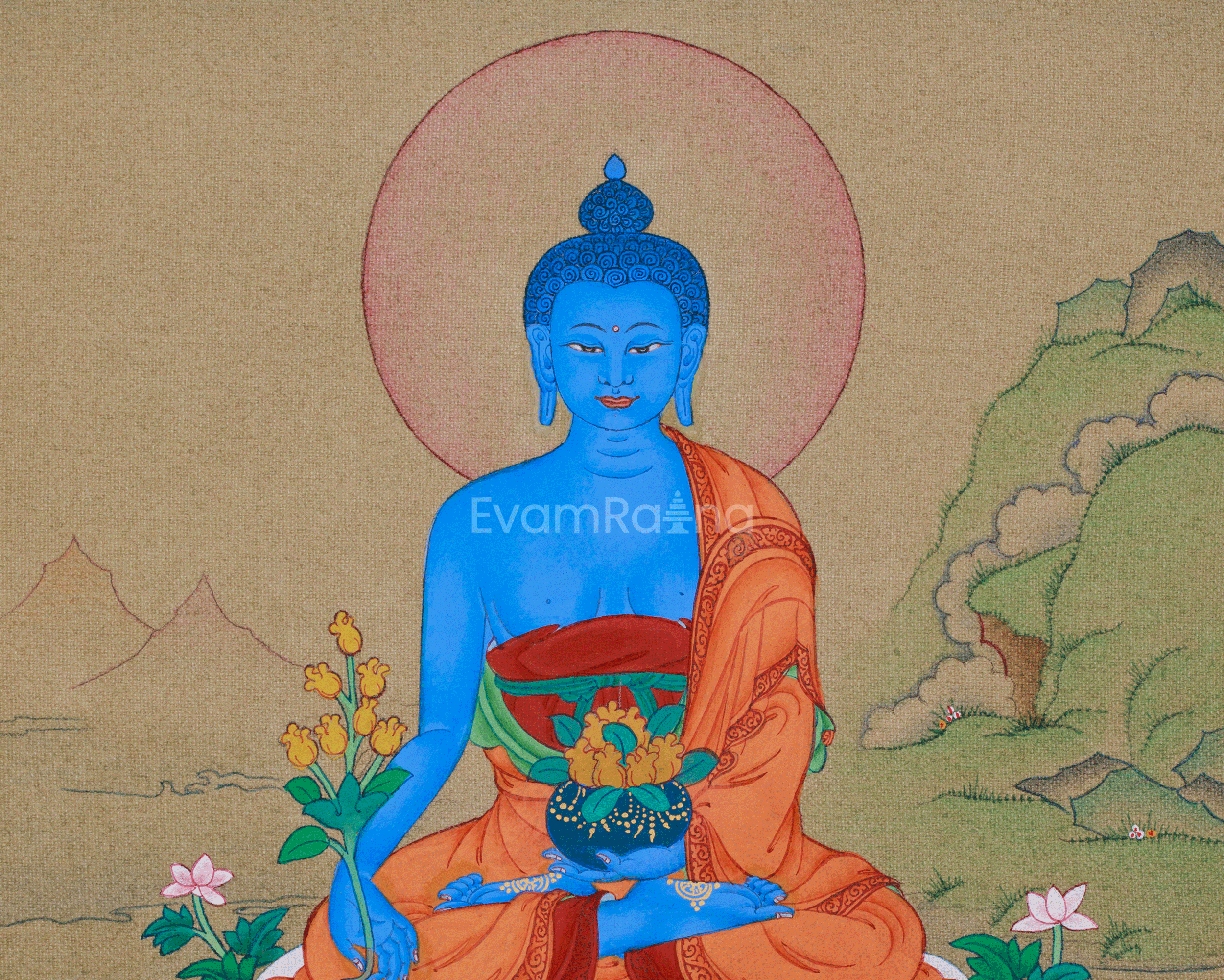 Hand-Painted Meditating Medicine Buddha Thangka | The Healing Buddha