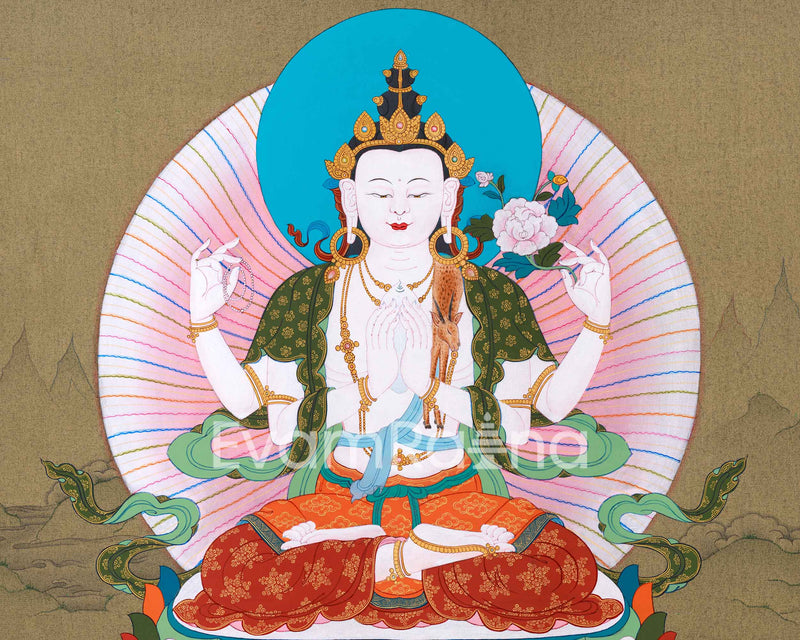 Journey to Compassion: Chenrezig Thangka | Gateway to Inner Tranquility