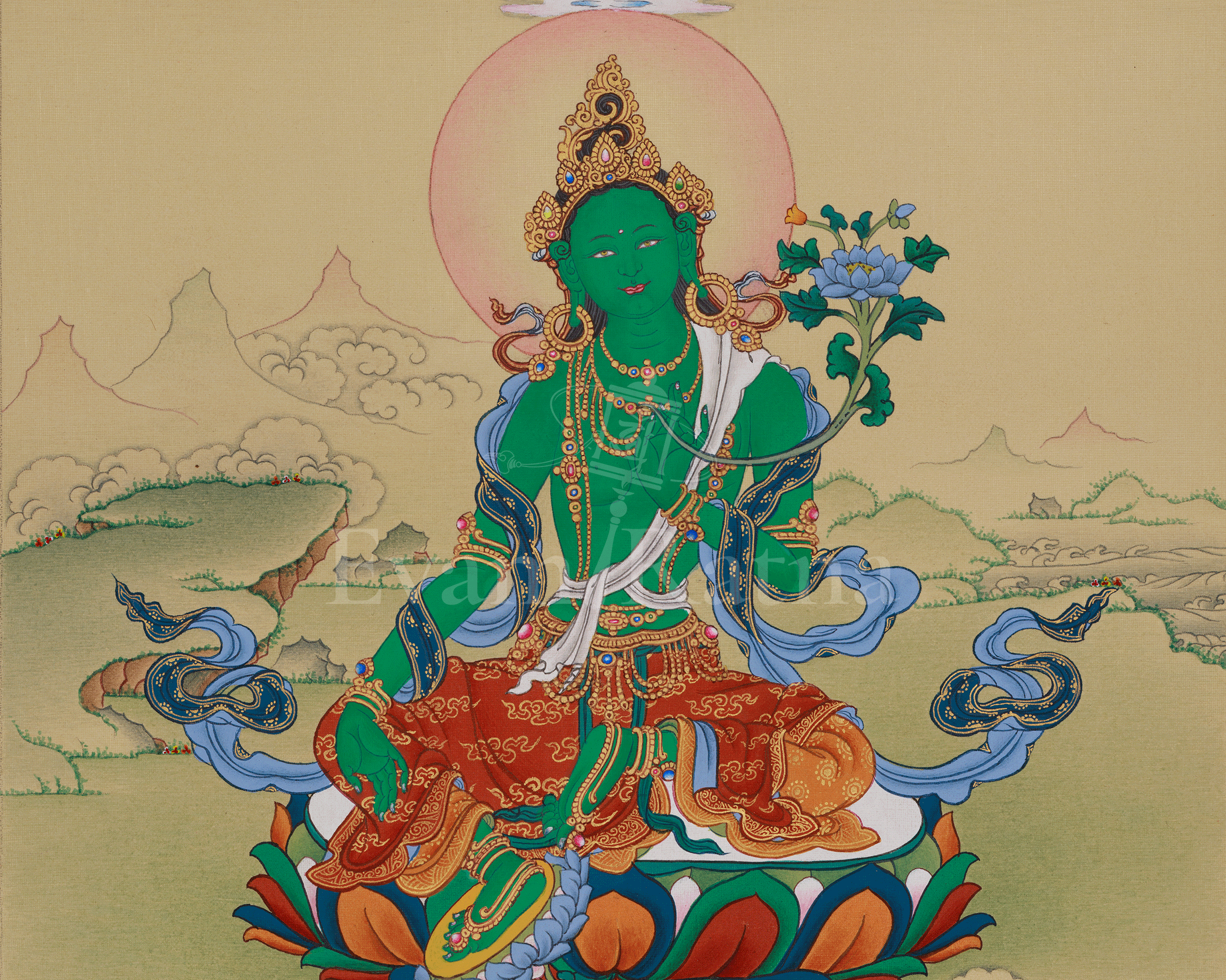 Green Tara with Amitabha Buddha Art | Swift Action Deity | Buddha of Infinite Light
