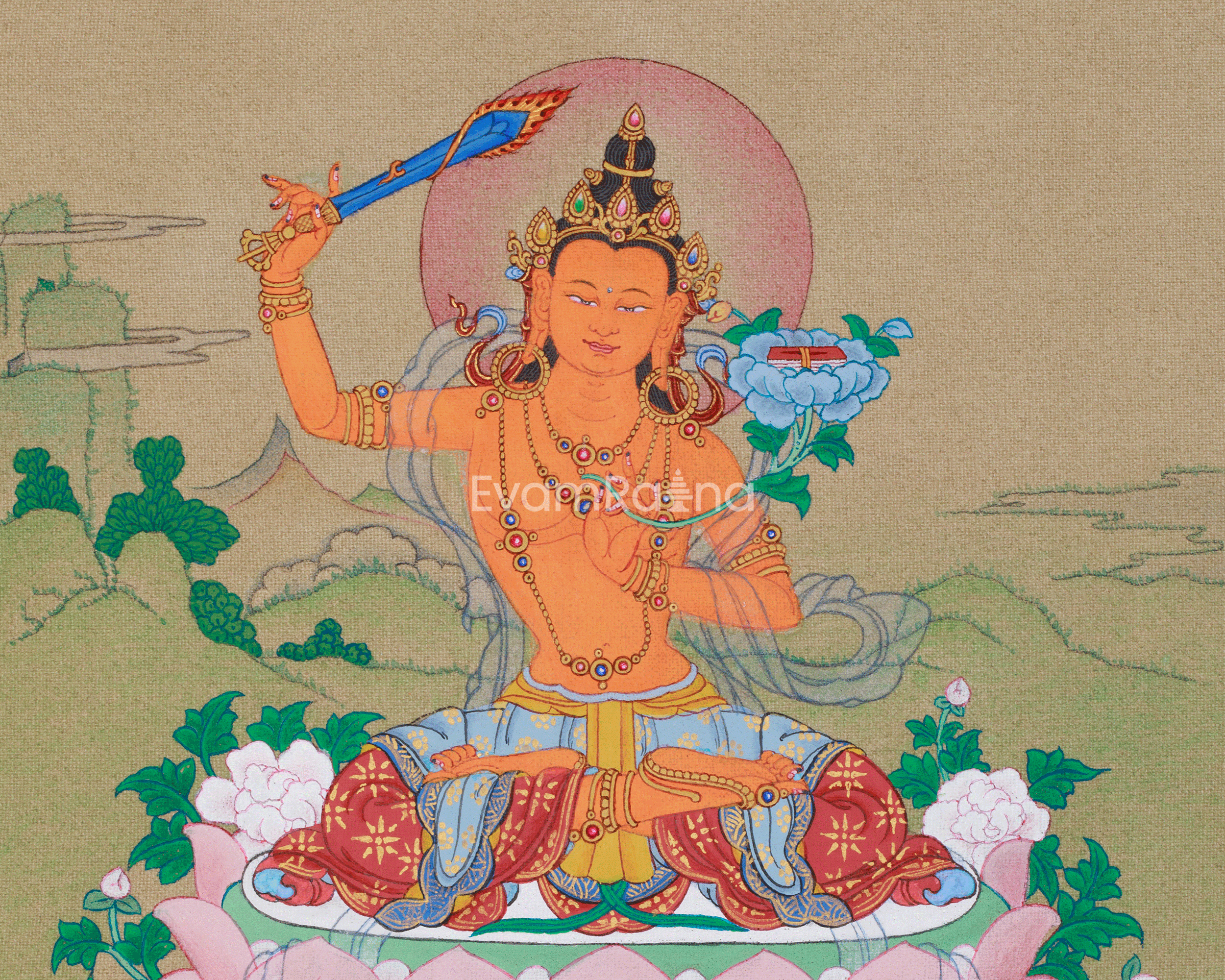 Thangka of Traditional Bodhisattva Manjushri | The Supreme Symbol of Transcendent Wisdom and Insight