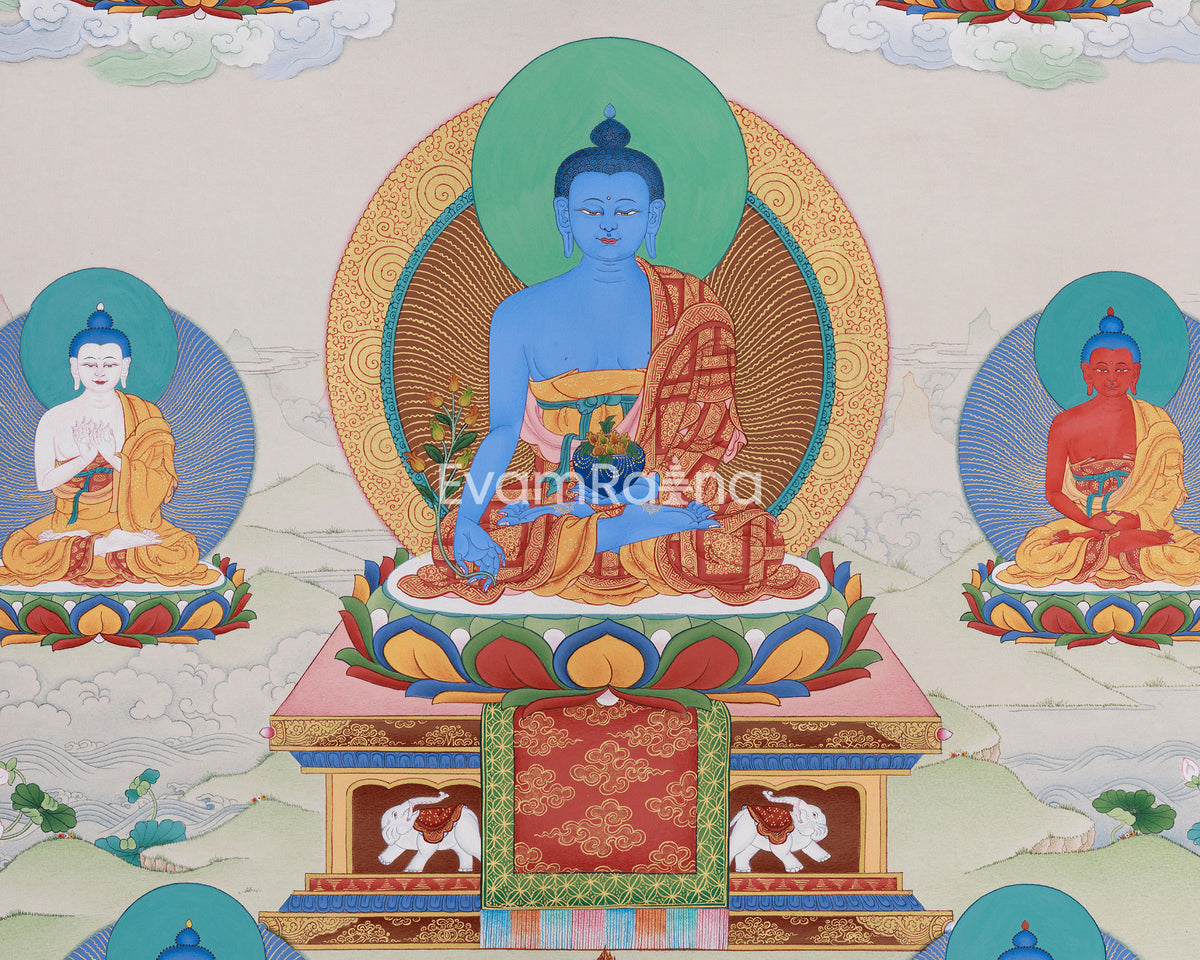 Tibetan Eight Medicine Buddha | A Sacred Thangka of Healing and Protection