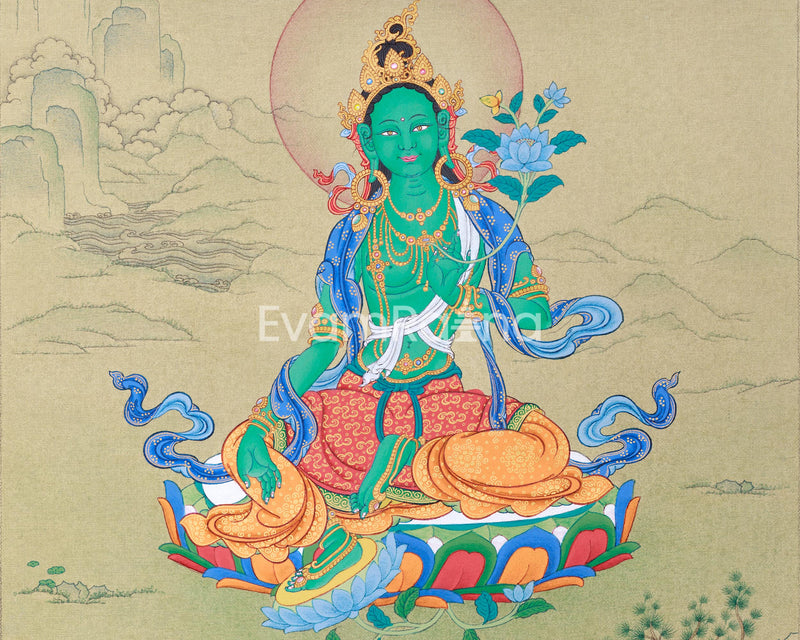 Hand Painted Small Thangka of Green Tara