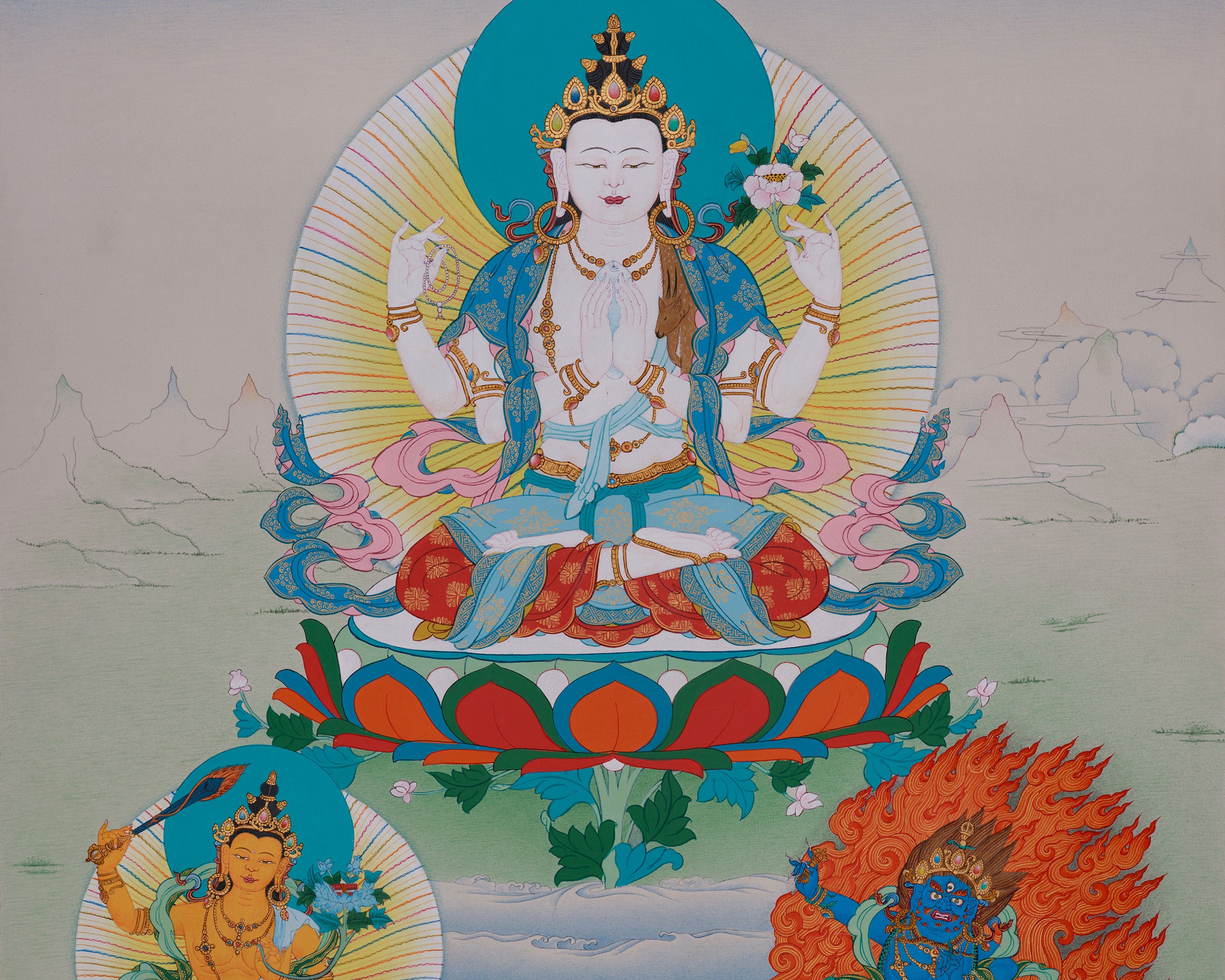 Avalokitesvara Thangka | Chenrezig with Manjushri & Vajrapani