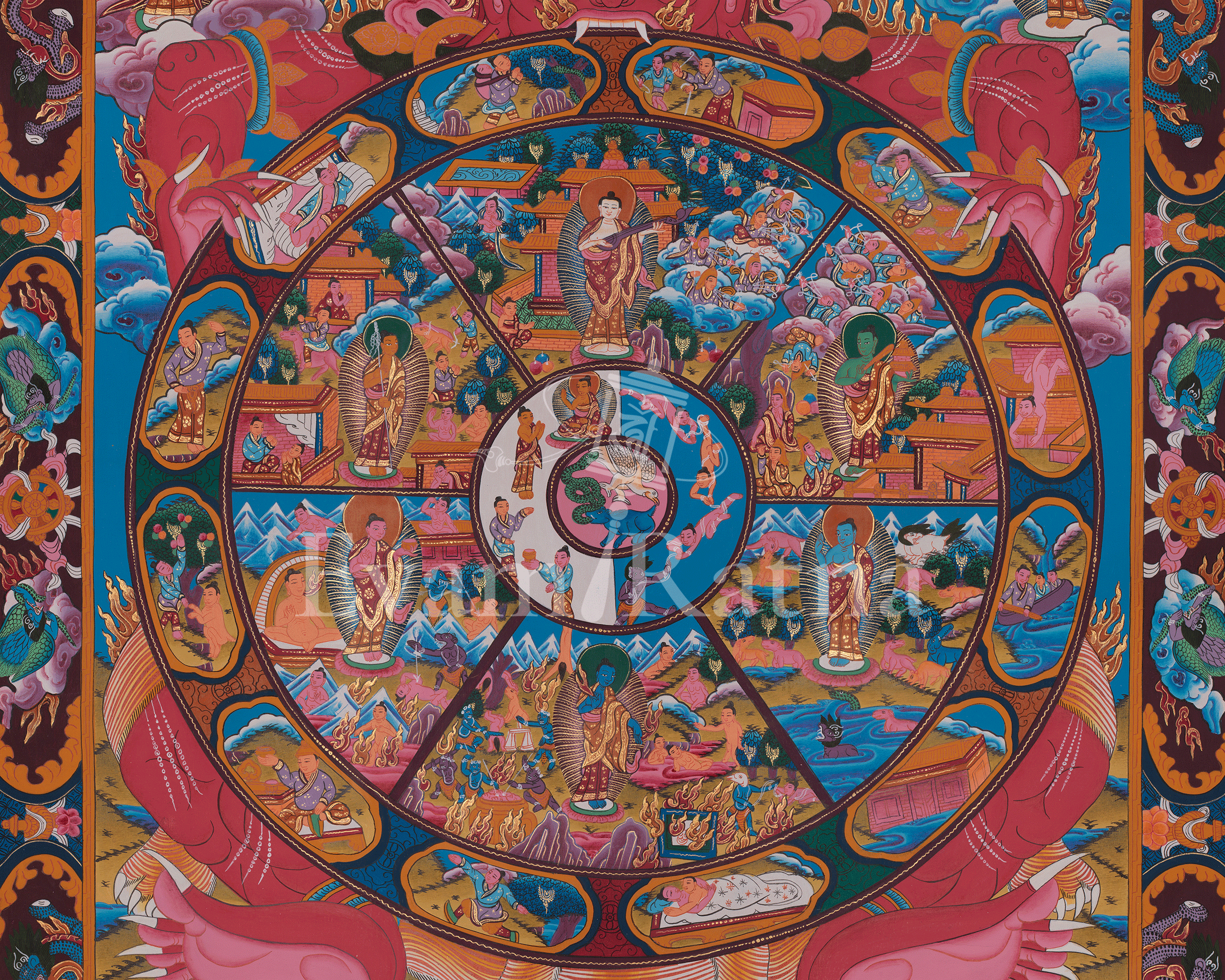 Divine Bhavachakra Thangka | Wheel of Life Artwork of Karma and Rebirth