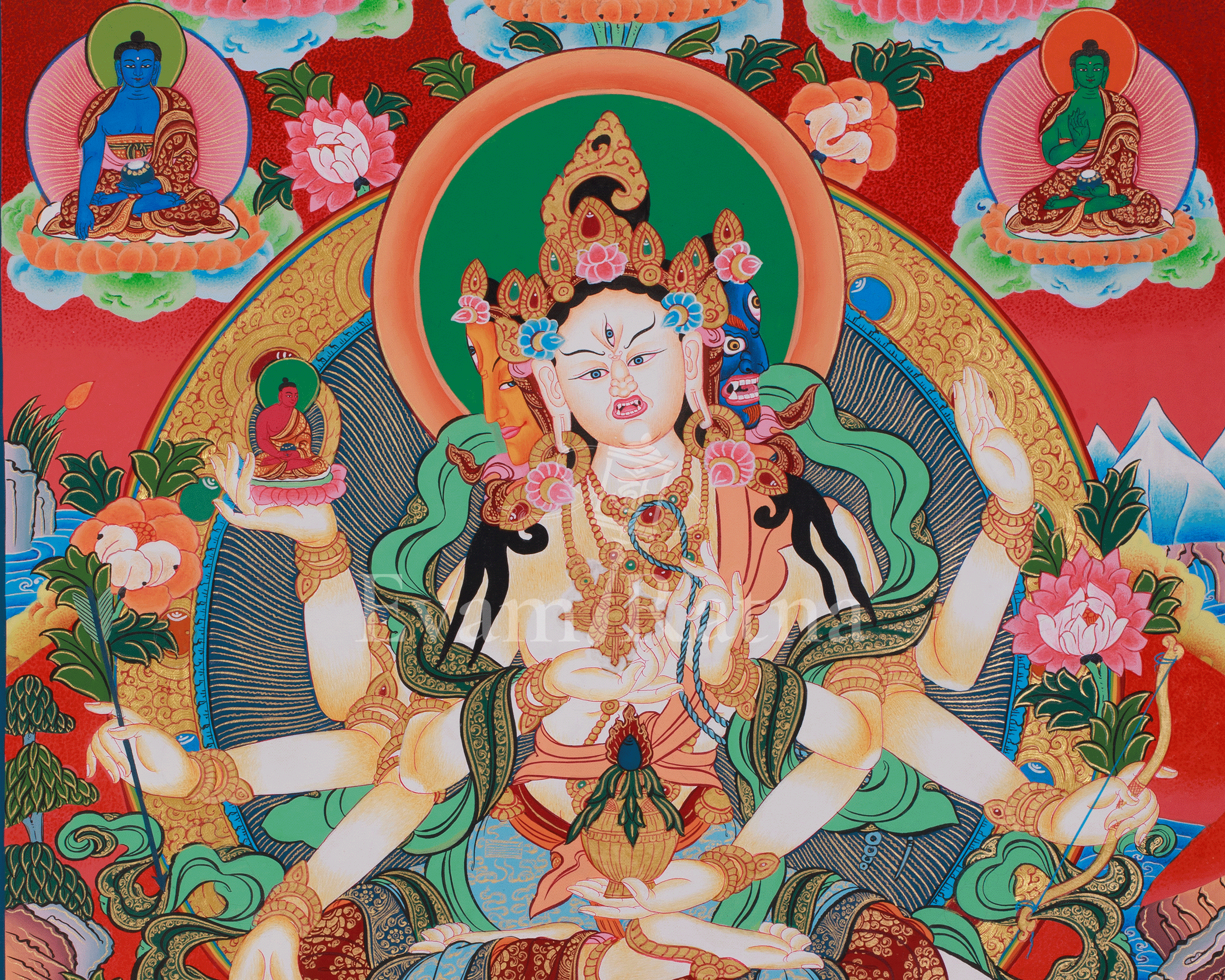 Namgyalma with Five Dhyani Buddhas White Tara and Amitayus | A Sacred Thangka of Longevity and Purification