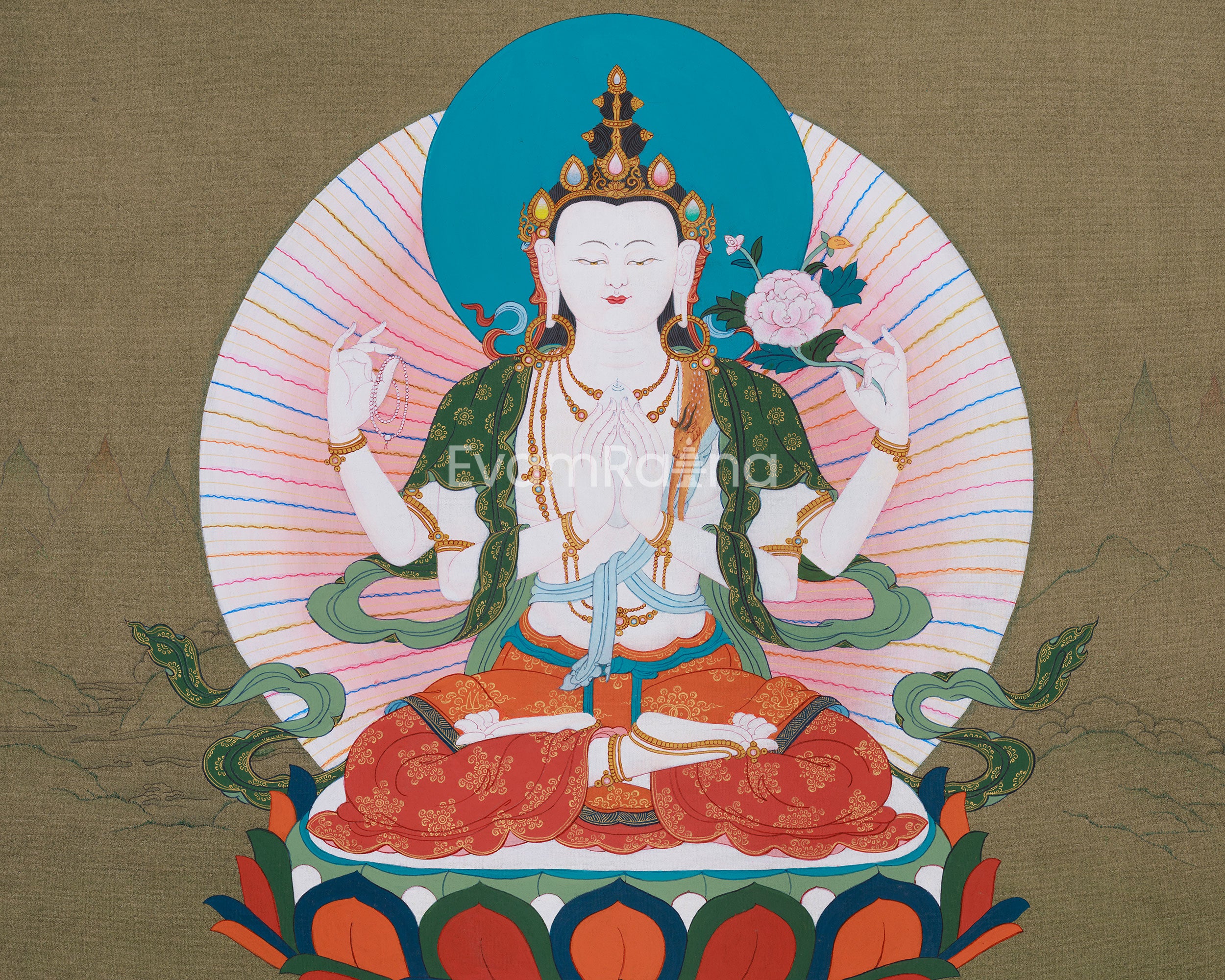 Tibetan Bodhisattva Four Armed Chenrezig Thangka | Buddha of Compassion