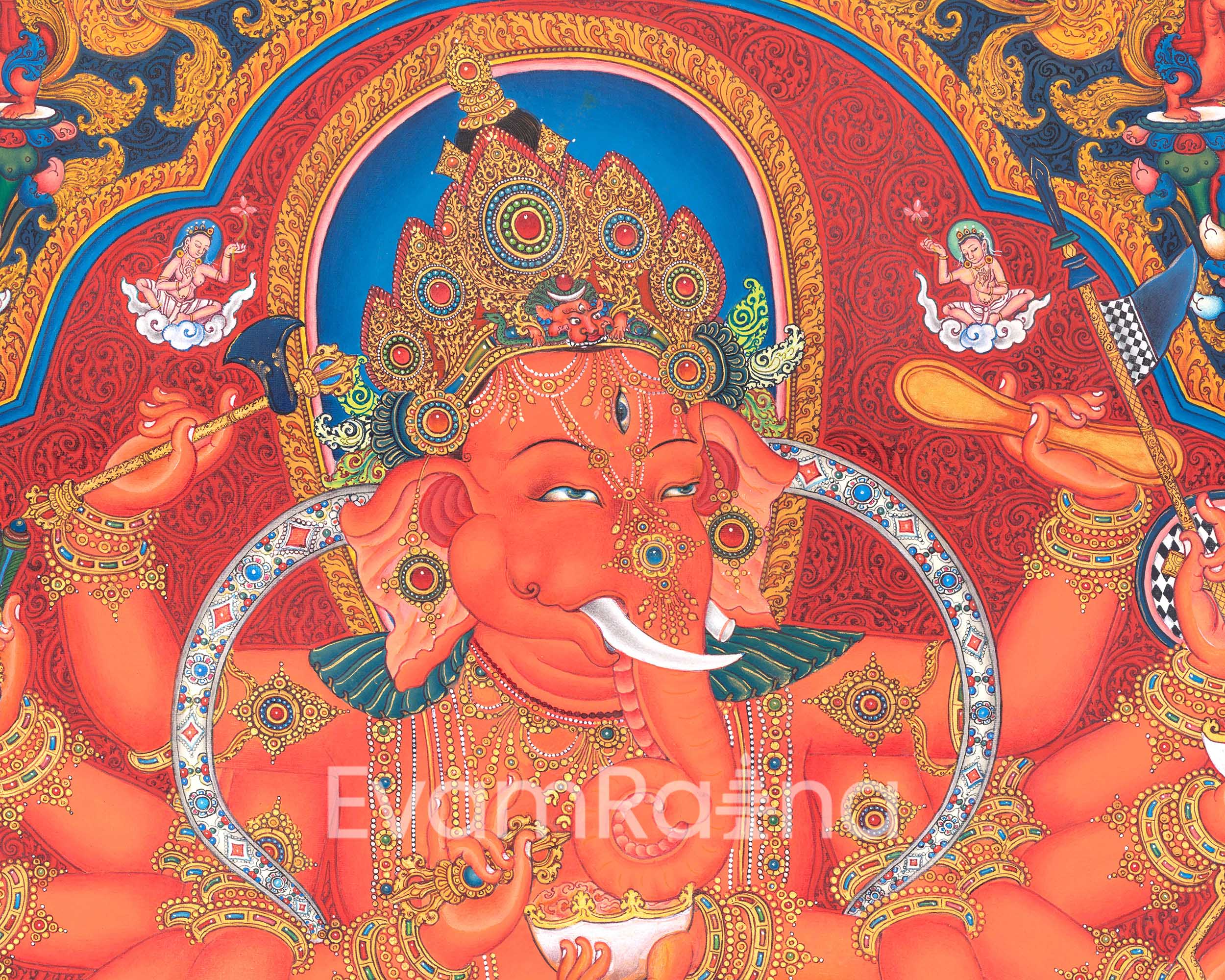 Hand Painted Ganesh Thangka | Hindu Deity Of Wealth | Traditional Wall Decoration