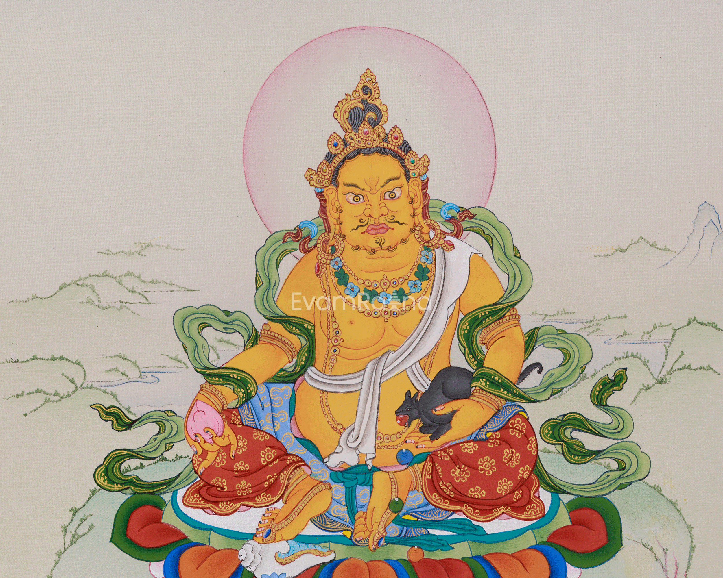 Sacred Thangka of Yellow Jambhala | Tibetan Buddha of Fortune and Prosperity