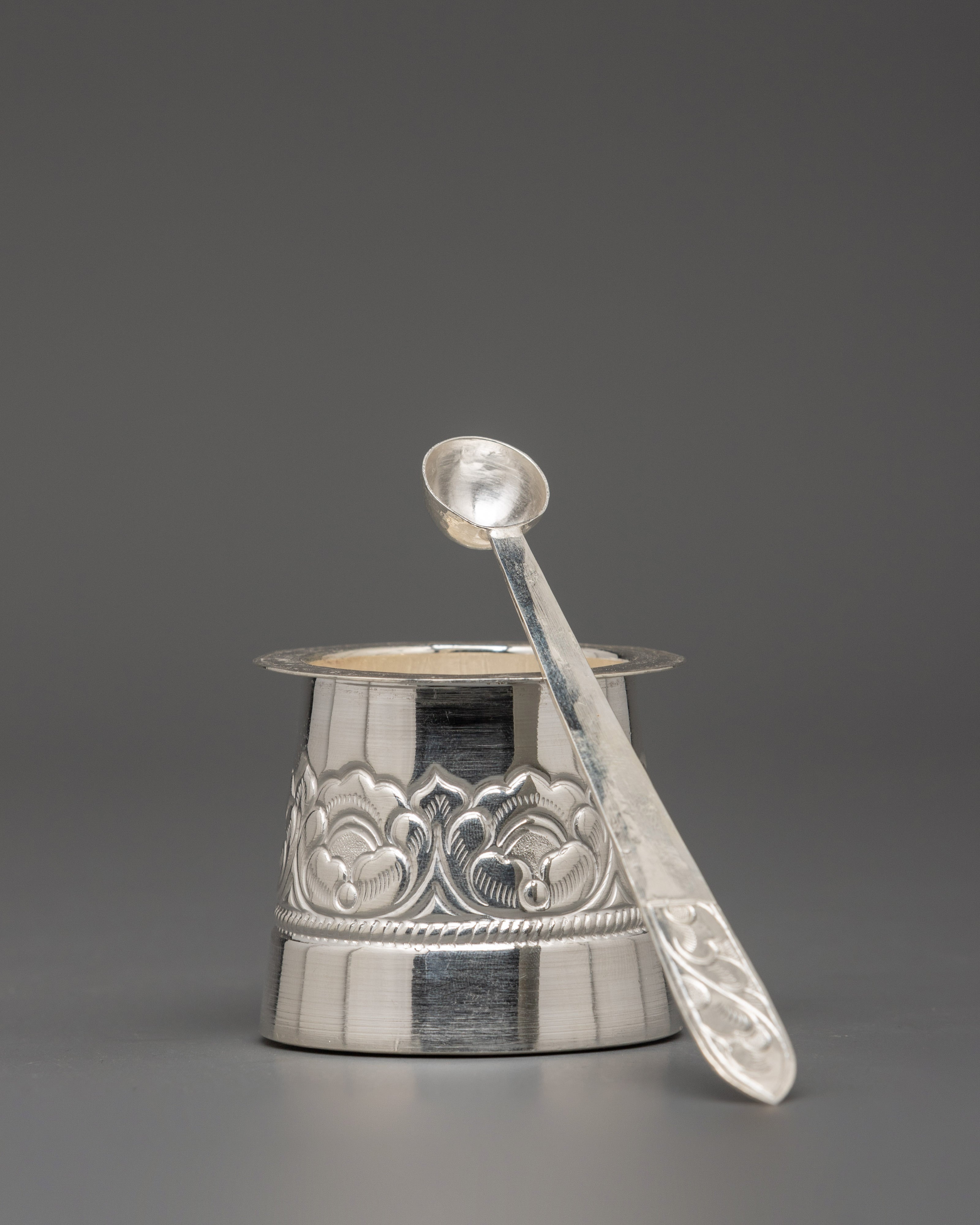 Pure Silver Glass with Spoon Set | Handcrafted Silver Ritual Cup