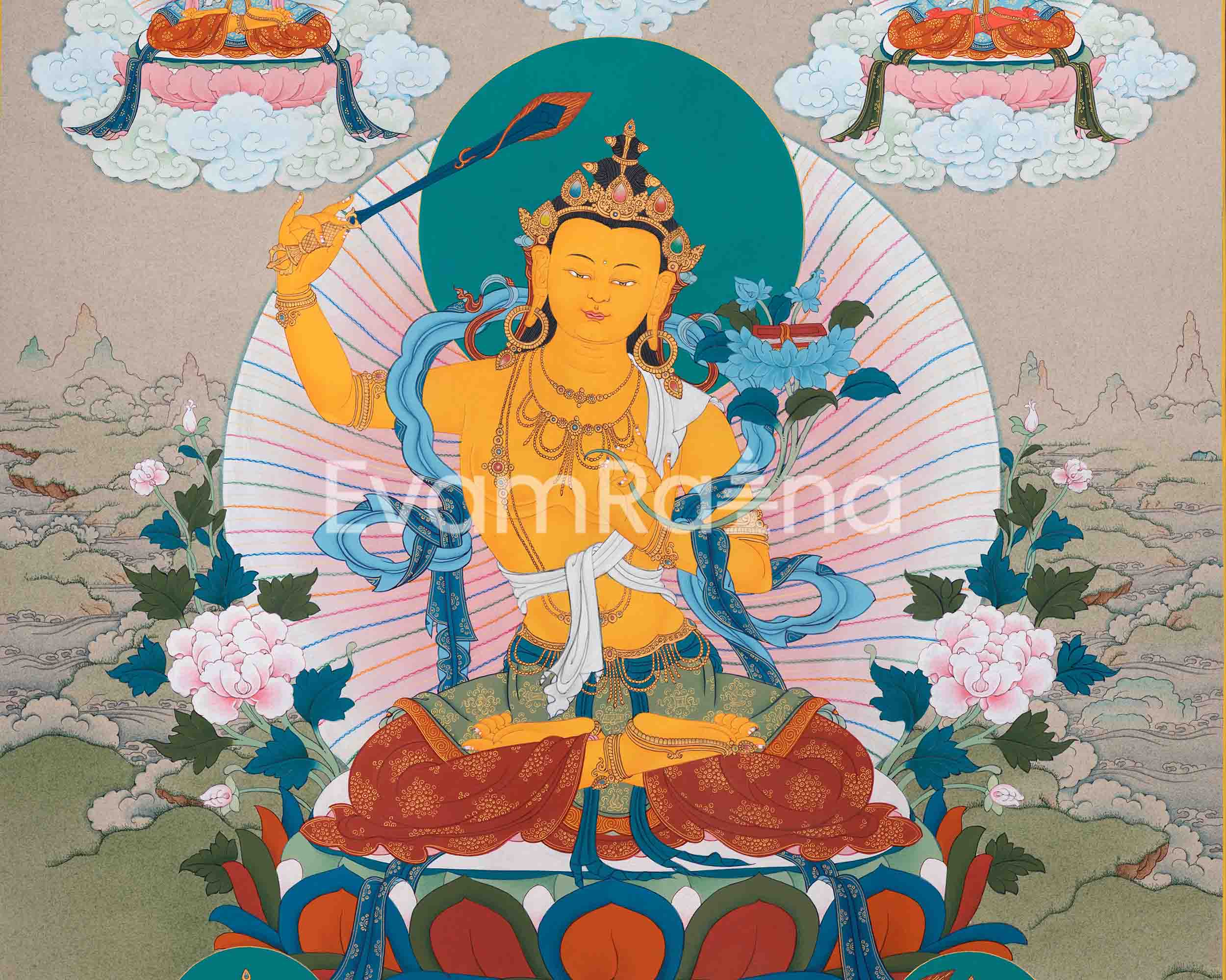 5 Manjushri Thangka as a Symbol of Wisdom | Bodhisattva Art  | Traditional Wall Hanging Decor