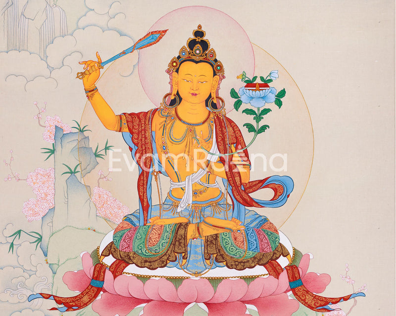 Symbol of Wisdom: Manjushri Thangka | Hand-Painted Tibetan Artwork