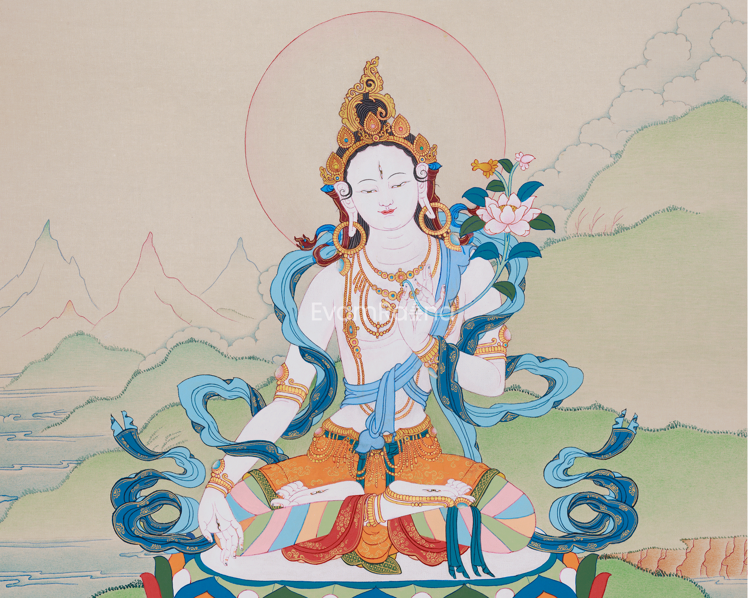 Seven-Eyed Sita Tara Thangka | A Spiritual Artwork of the Goddess White Tara