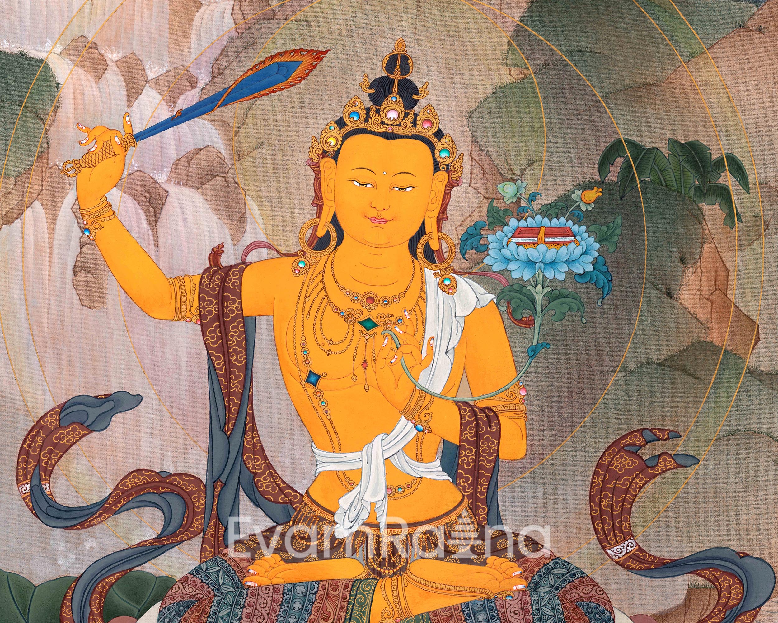 Manjushri with Chenrezig and Vajrapani Thangka | Hand Painted Artwork of Traditional Buddhism | Meditation Art