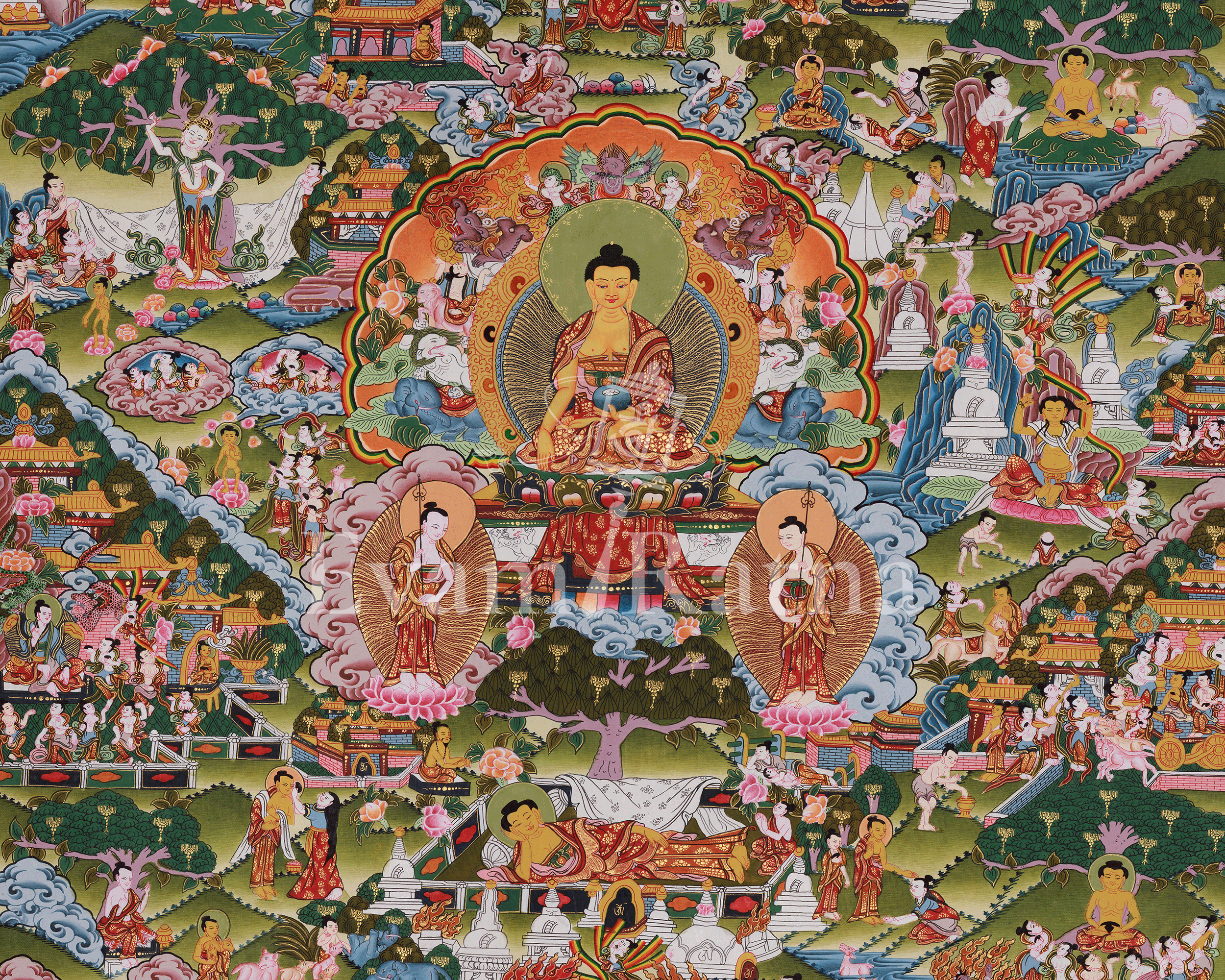 Historical Buddha Life Story Thangka | Traditional Artwork Depicting the Buddha’s Path to Enlightenment