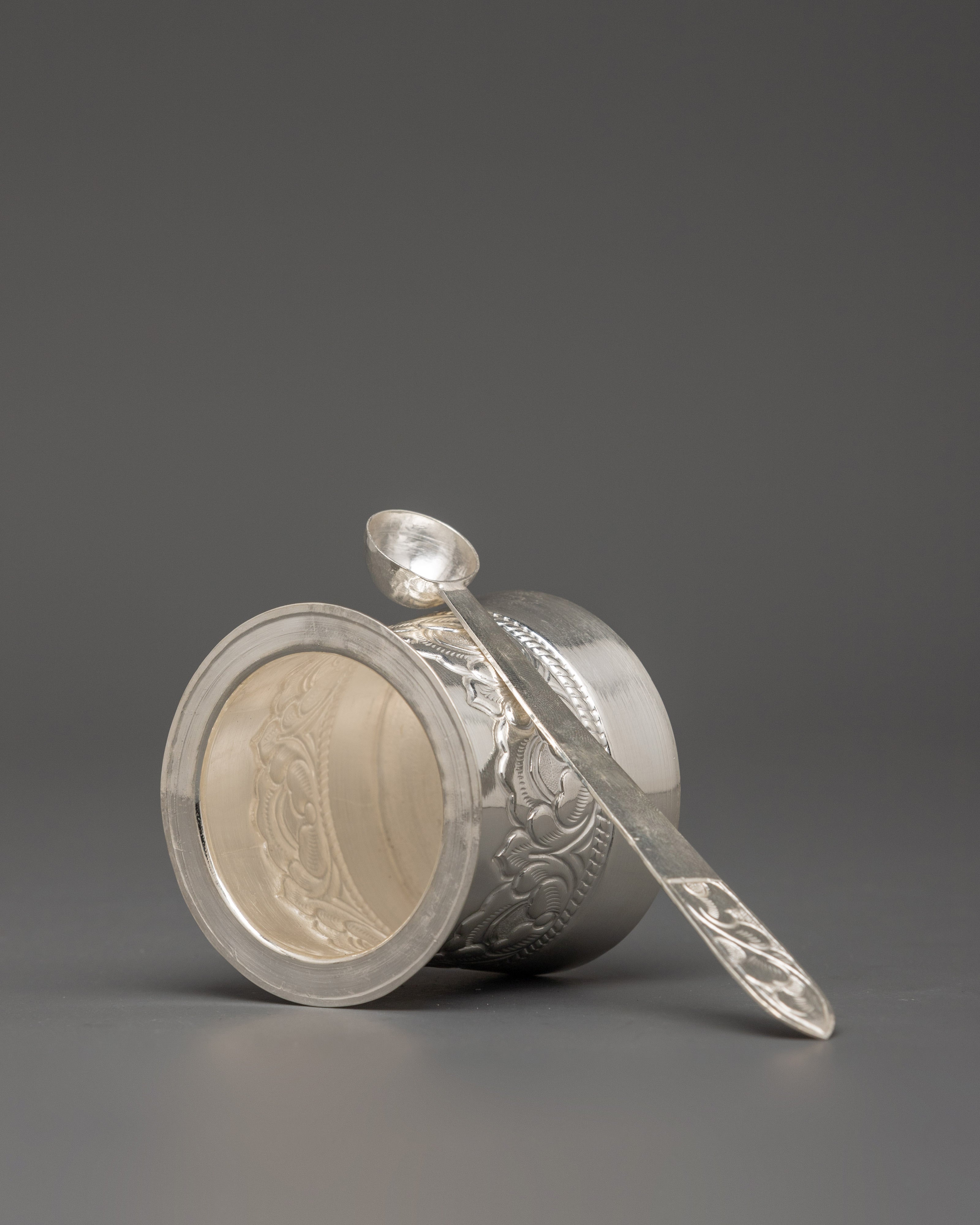 Pure Silver Glass with Spoon Set | Handcrafted Silver Ritual Cup