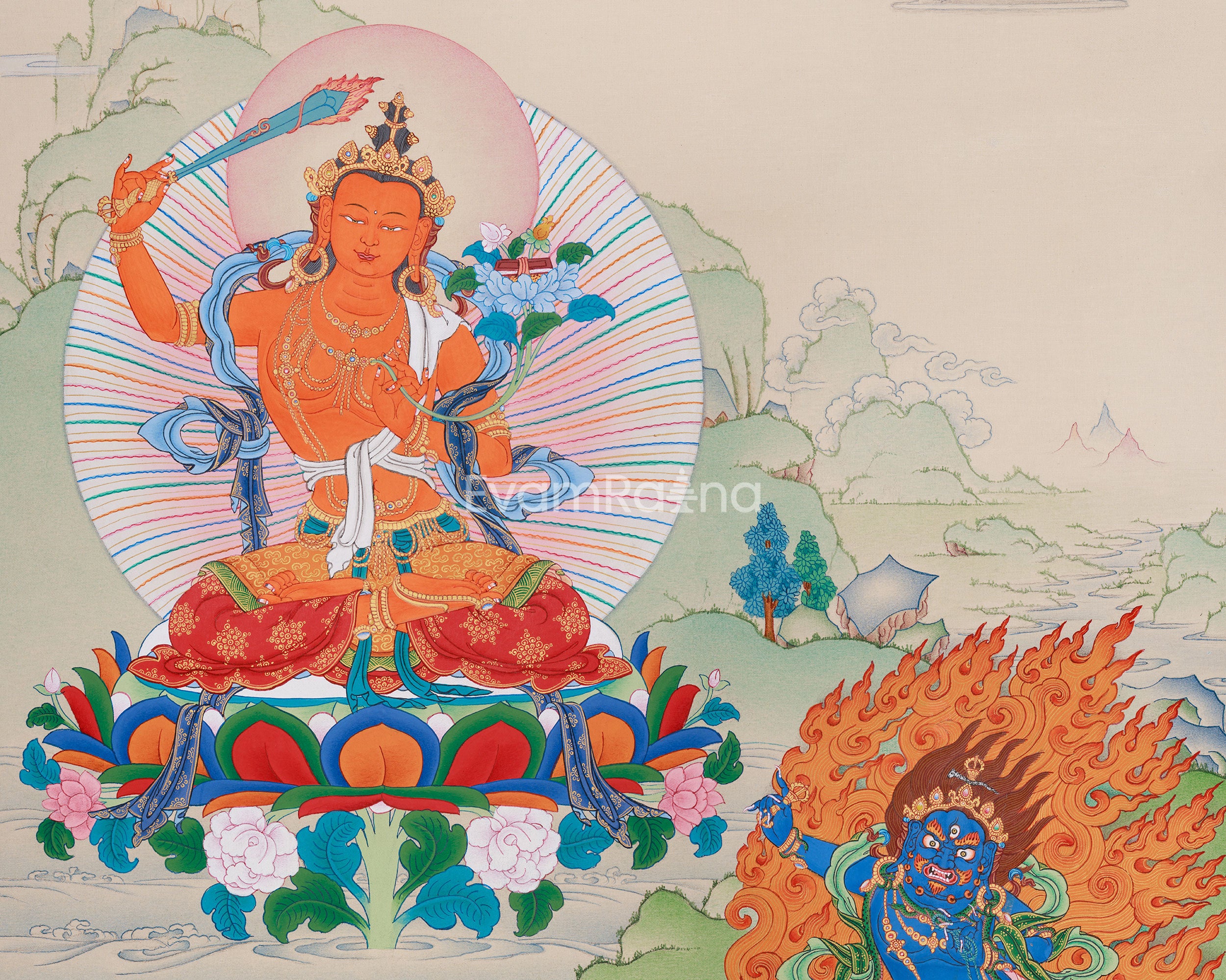 Trio Bodhisattva Thangka: Manjushri, Chenrezig, and Vajrapani | Tibetan Buddhism