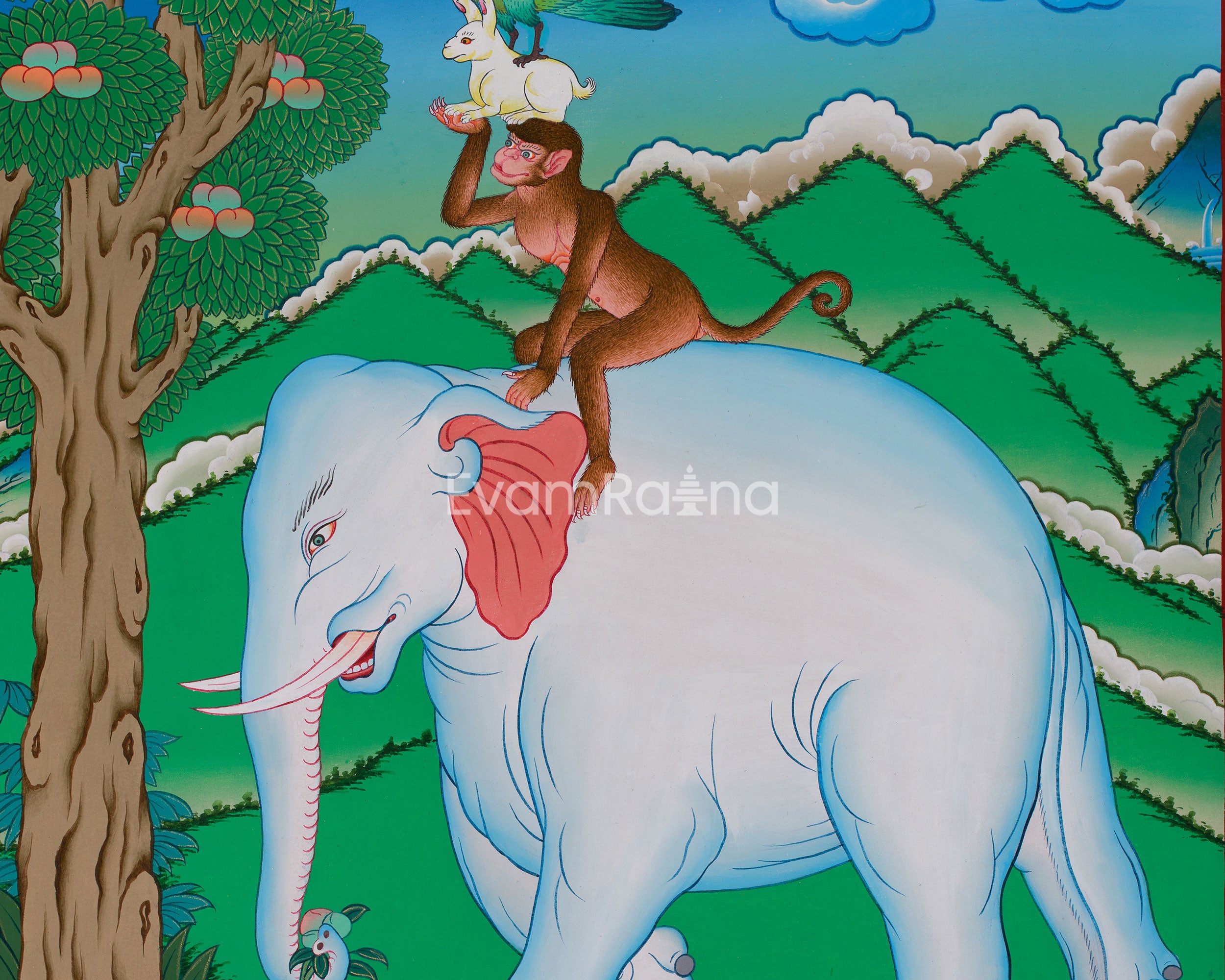 Thangka of Four Harmonious Friends | Depicting Unity, Cooperation, and Mutual Respect