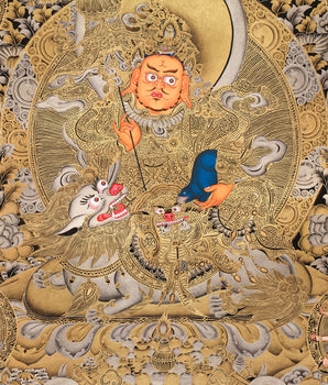 Exquisite Vaishravana, Guardian of the North Thangka | 24K Gold Embellished Art on Black Canvas