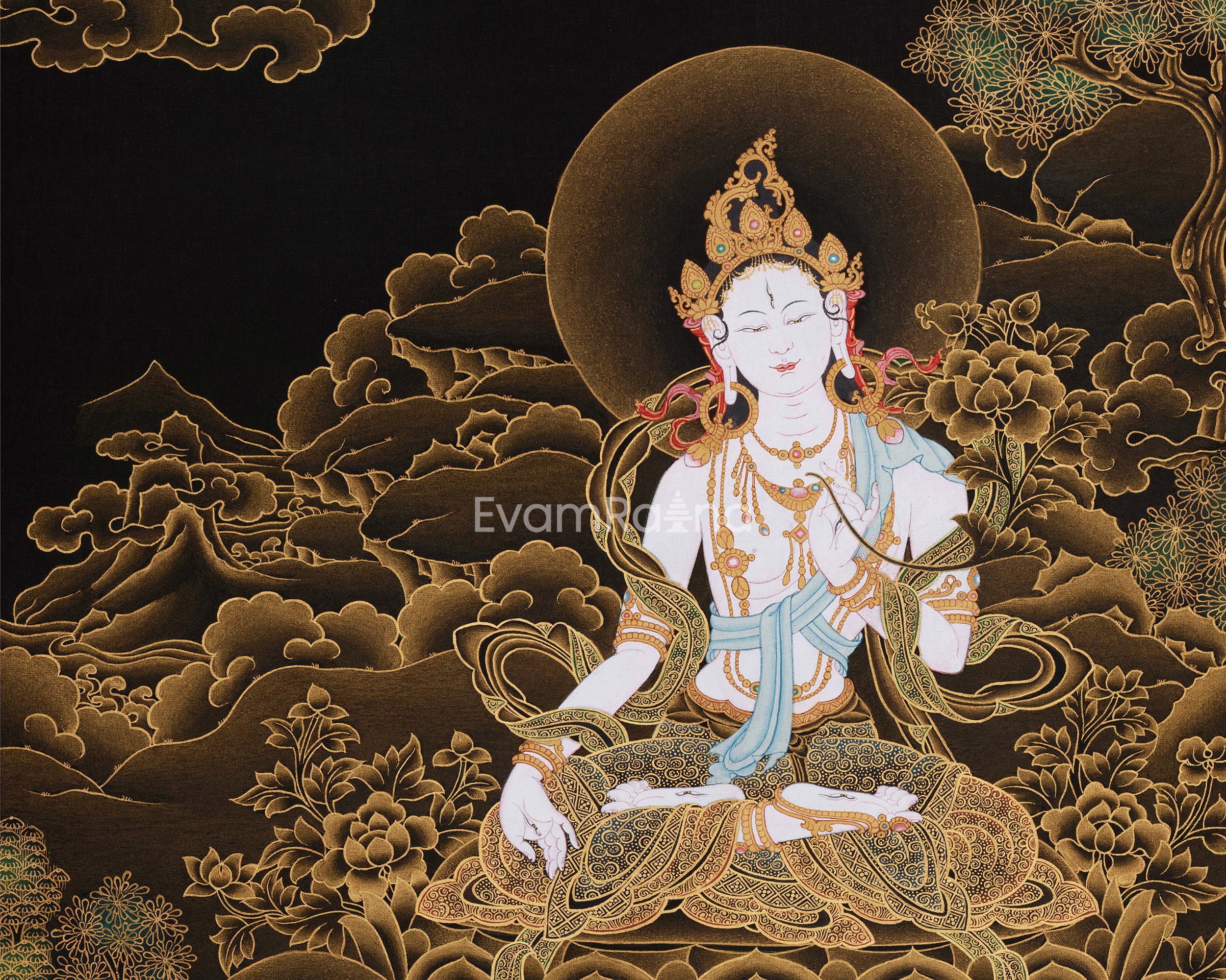 Hand-Painted Three Deities of Long Life: White Tara, Amitayus, and Namgyalma | Gold Embellished Thangka