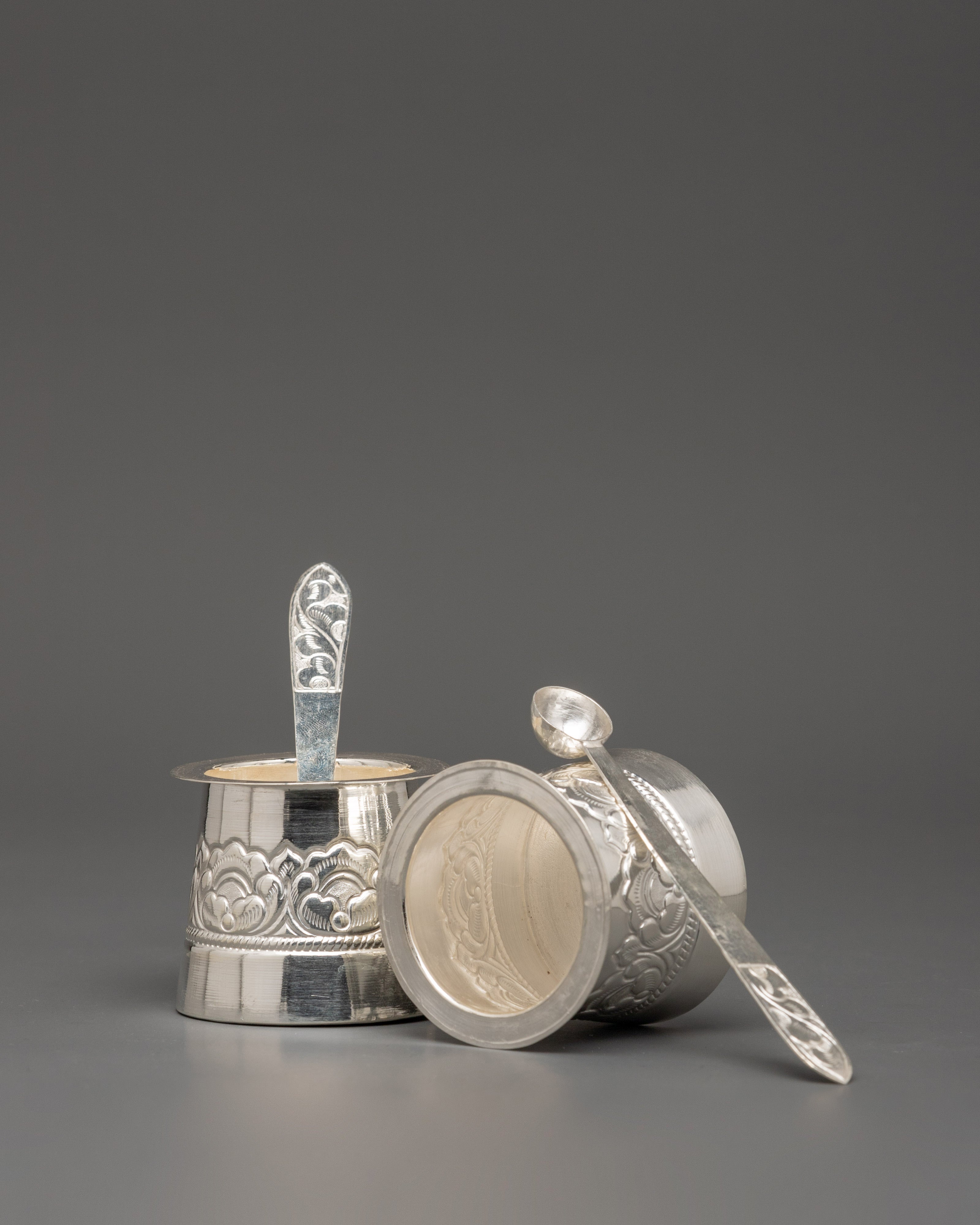 Pure Silver Pooja Set with Offering Bowls, Glasses & Spoons | Ritual Set for Puja, Altar & Meditation