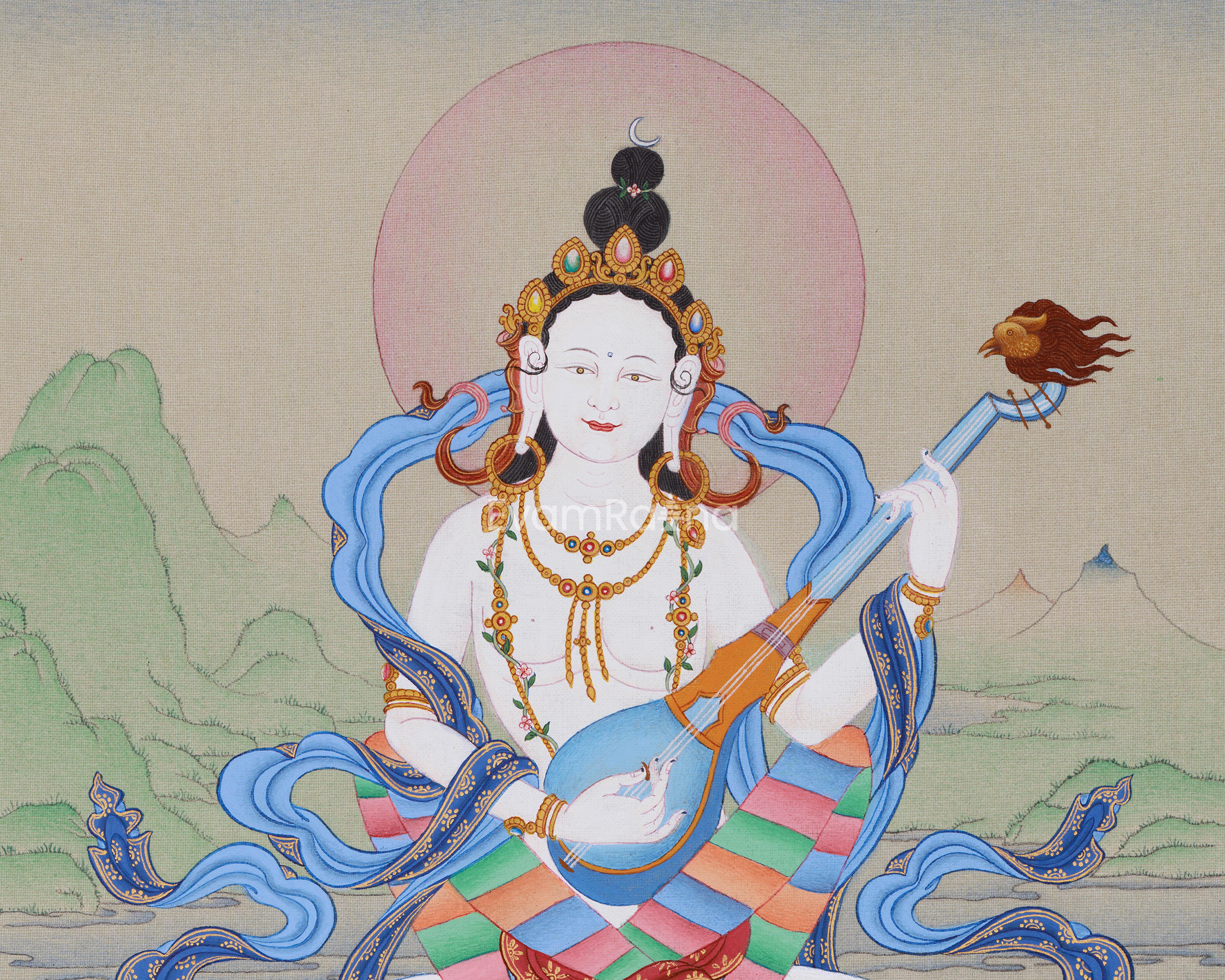 Wisdom Goddess Saraswati | A Sacred Thangka of Knowledge and Creativity