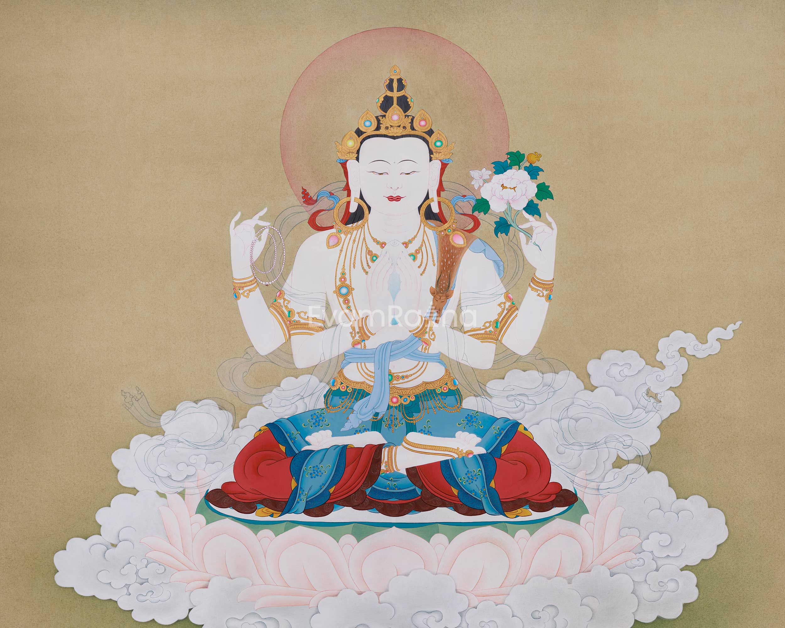 Original Hand-Painted Four-Armed Avalokiteshvara | A Majestic Thangka of Infinite Compassion