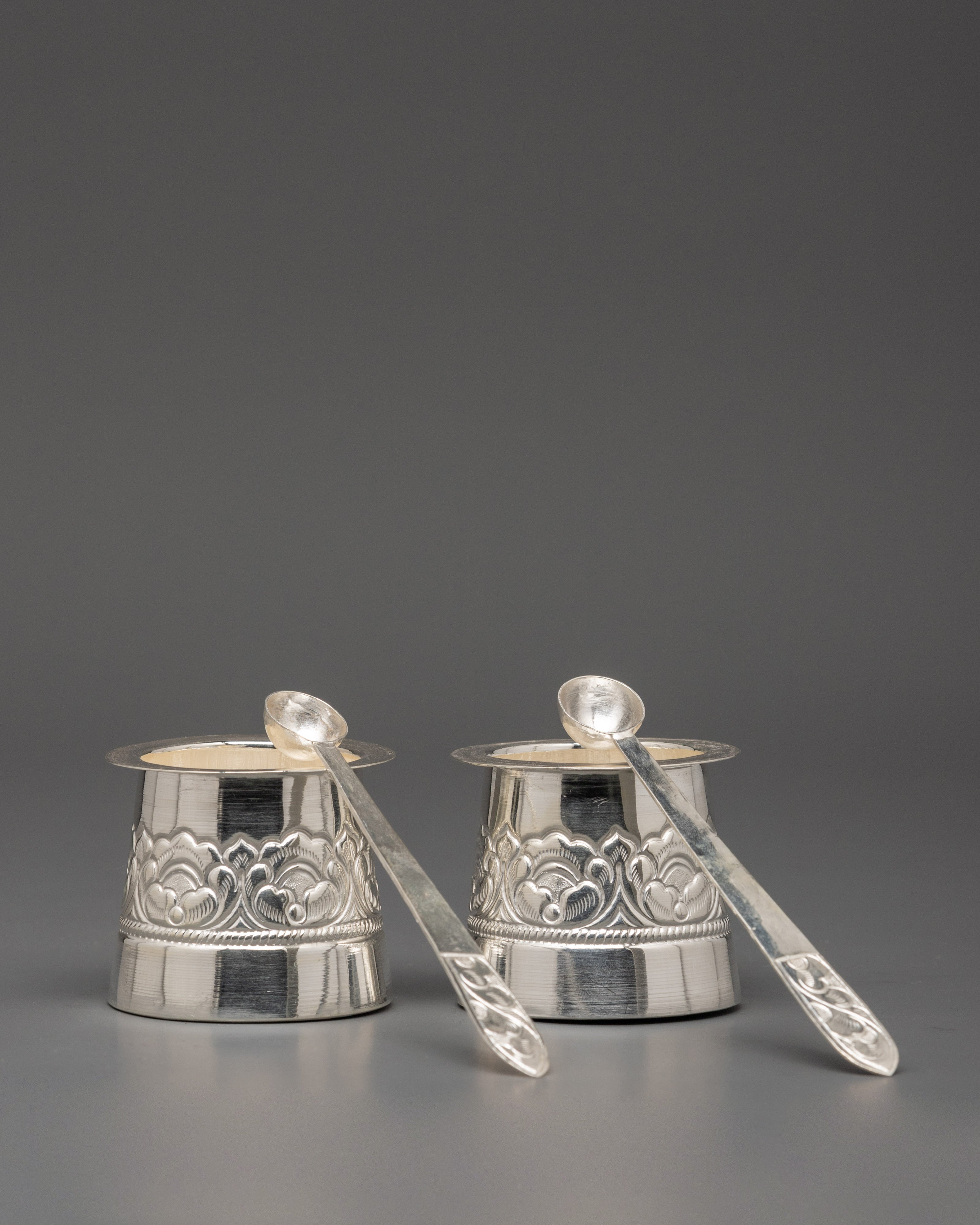 Pure Silver Pooja Set with Offering Bowls, Glasses & Spoons | Ritual Set for Puja, Altar & Meditation