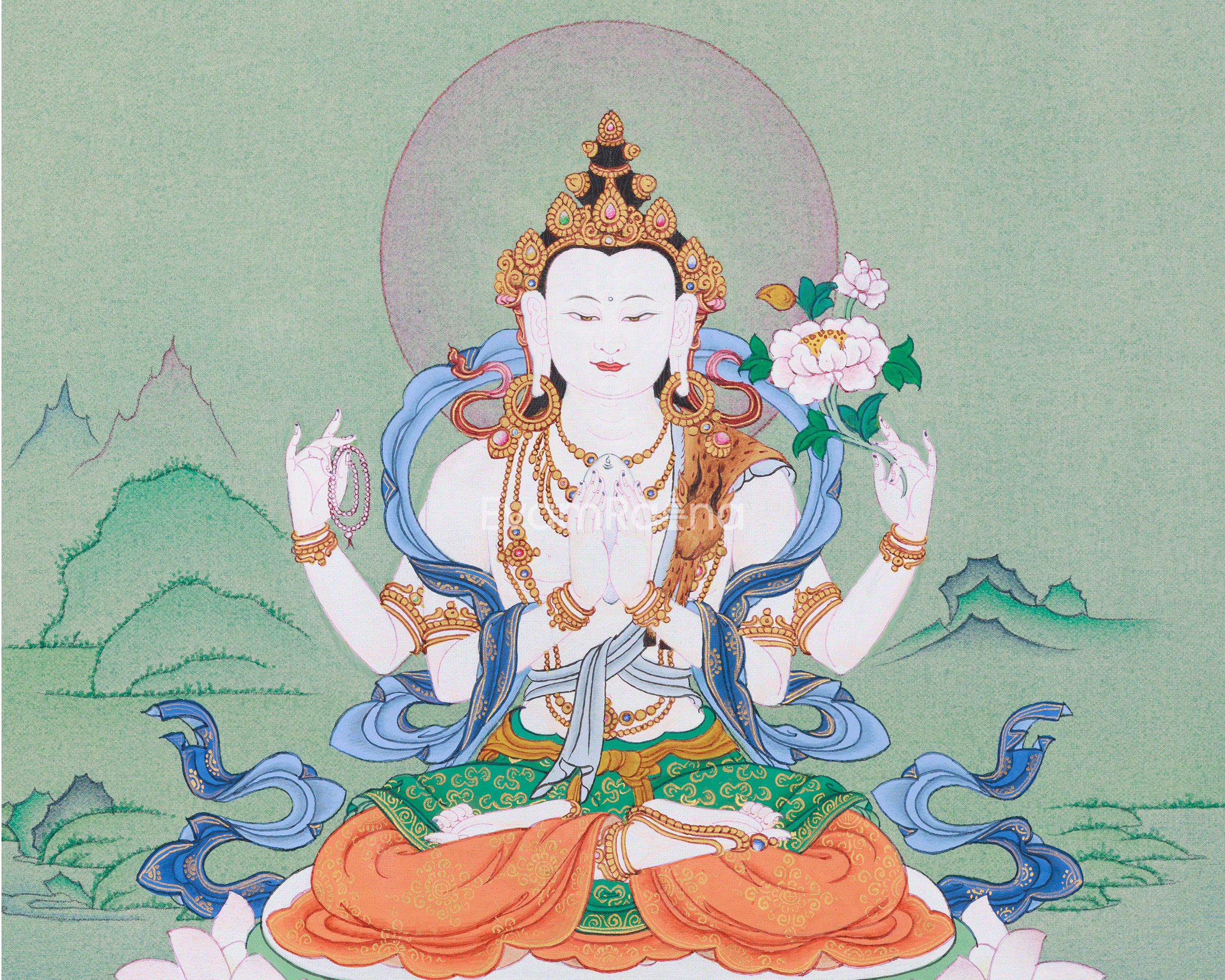 Traditional Four-Armed Chenrezig Thangka | The Bodhisattva of Boundless Mercy