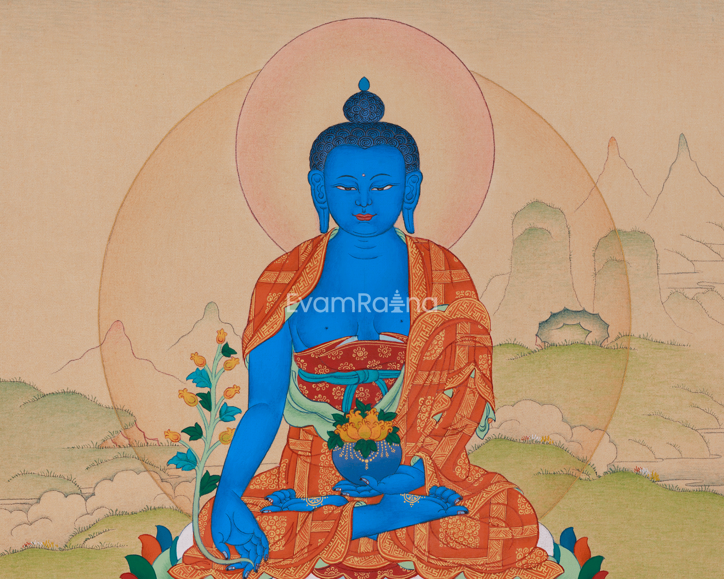 33cm Blue Healing Buddha, Bhaisajyaguru Thangka | Supreme Healer