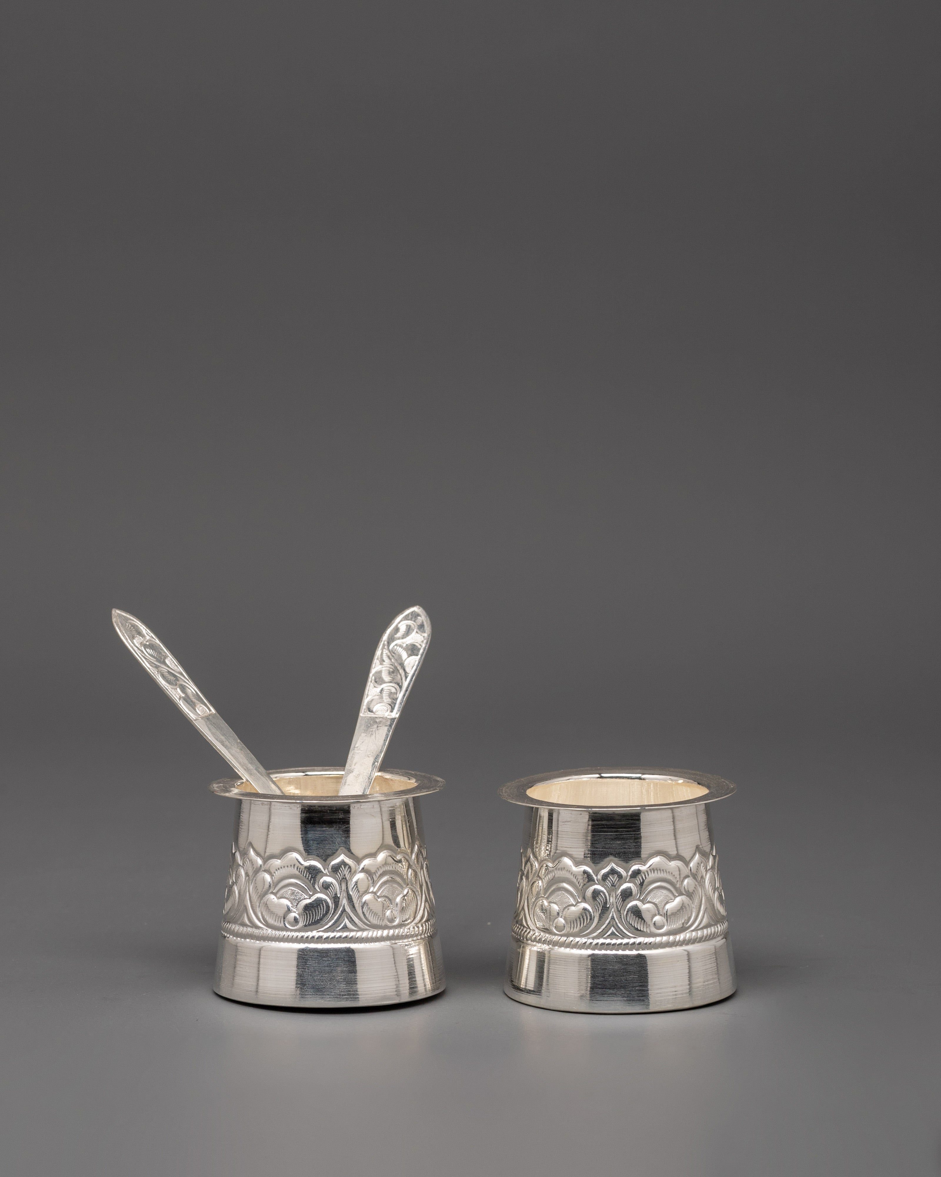 Pure Silver Pooja Set with Offering Bowls, Glasses & Spoons | Ritual Set for Puja, Altar & Meditation
