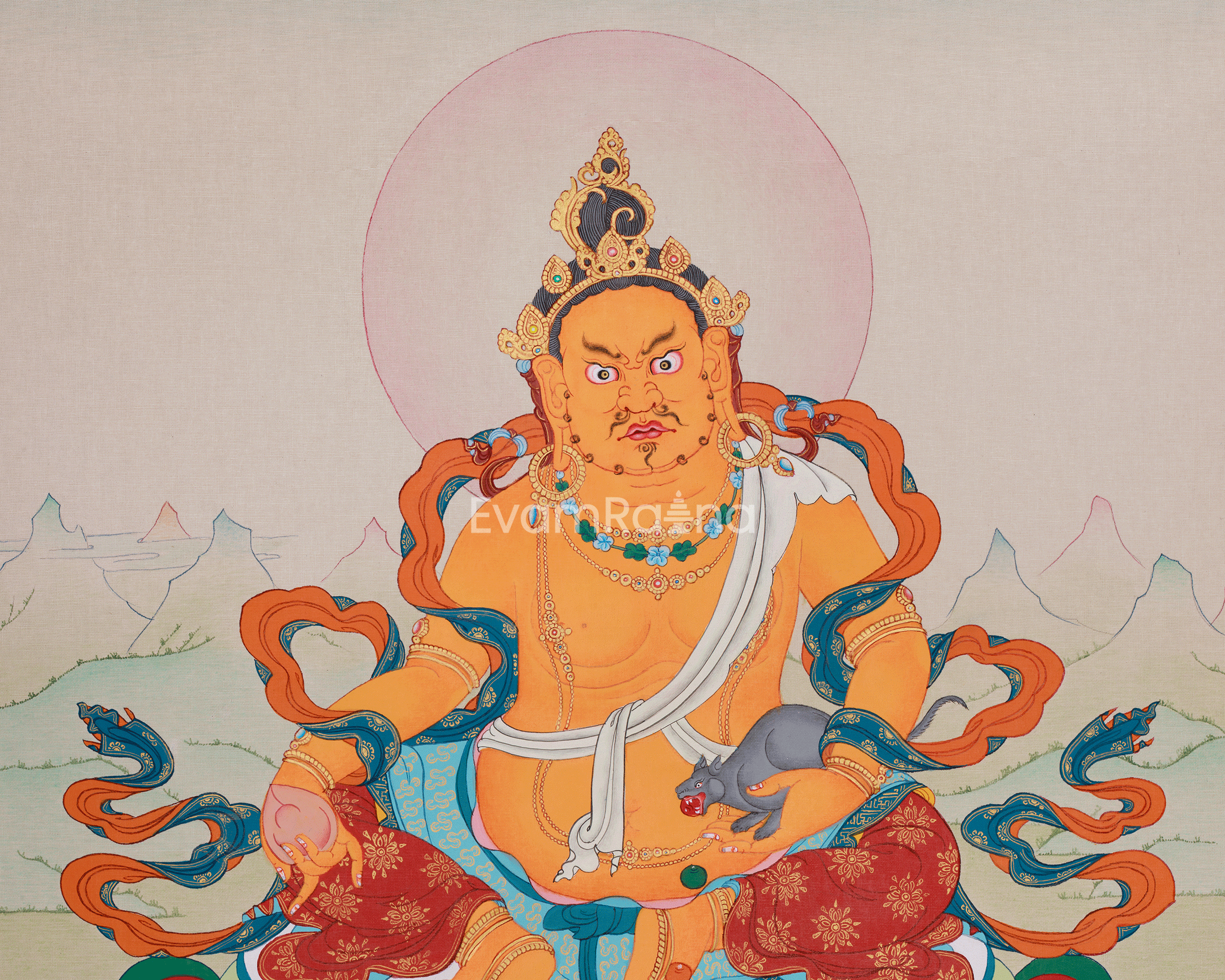 Handmade Dzambhala Thangka | Wealth Deity with Jewel Mongoose and Citron Fruit