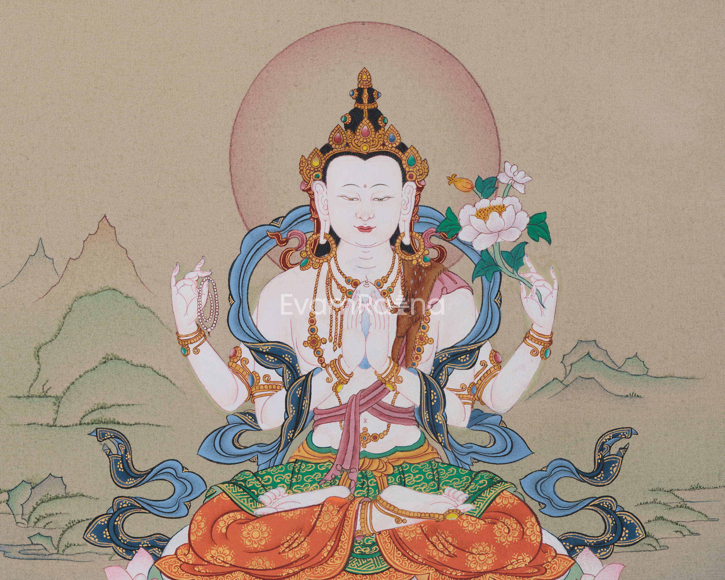 Original Hand-Painted Four-Armed Chenrezig Thangka | Avalokiteshvara Artwork