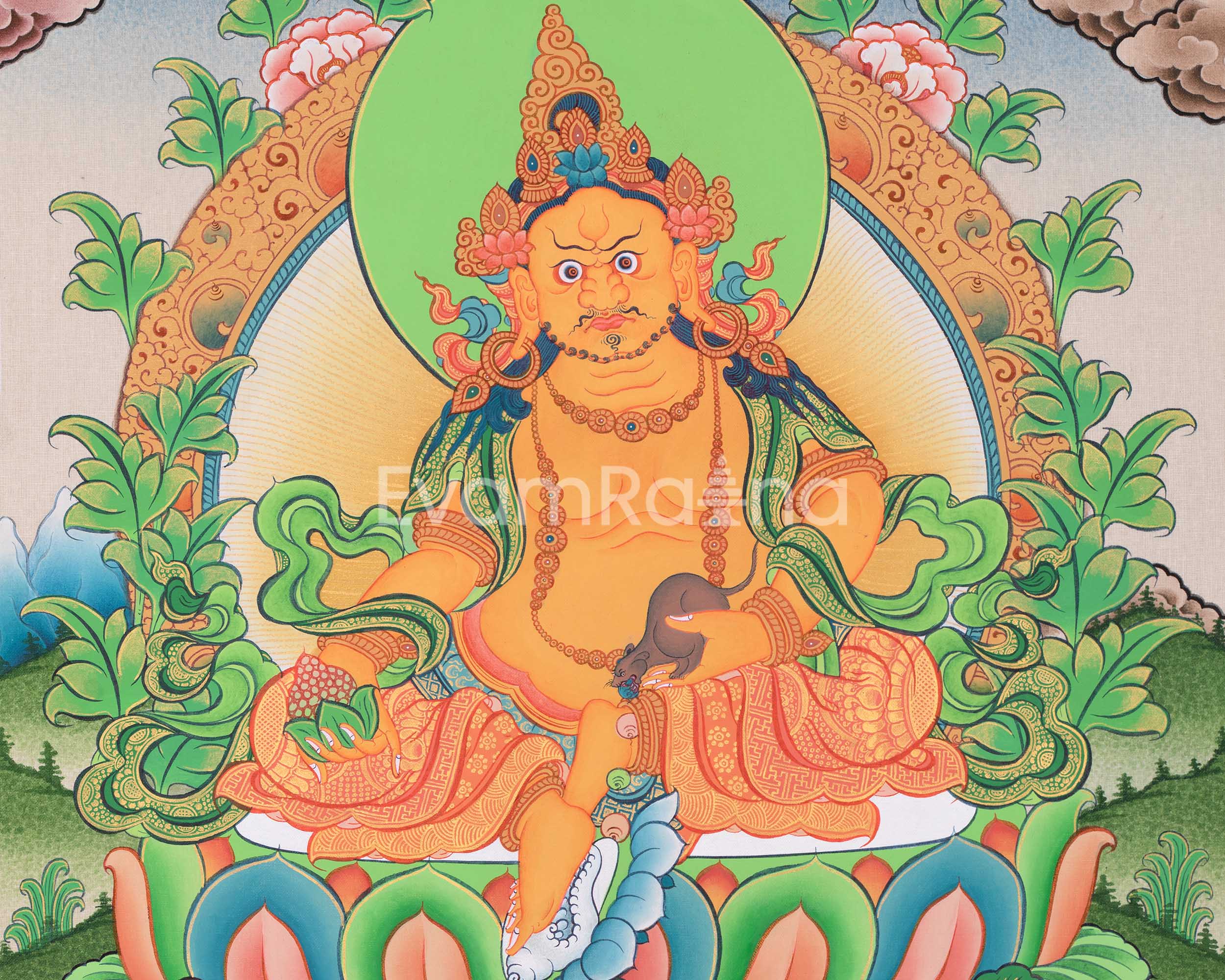 Dzambhala Divine Thangka Artwork | Embodiment of Abundance | Art for Meditation