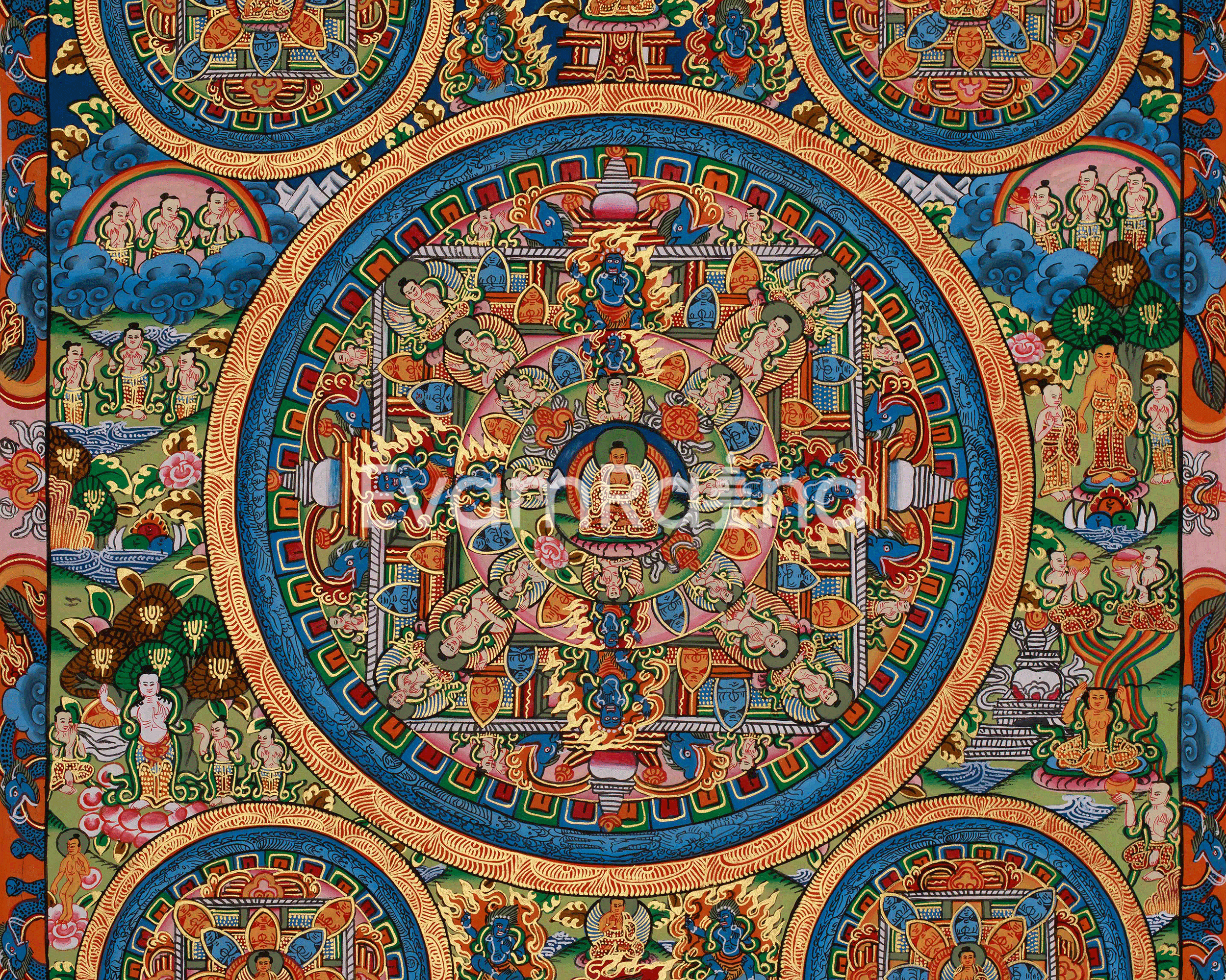 Himalayan Buddha Mandala Artwork | Buddhist Thangka Of Wisdom and Awakened Energy | Spiritual Home Decor