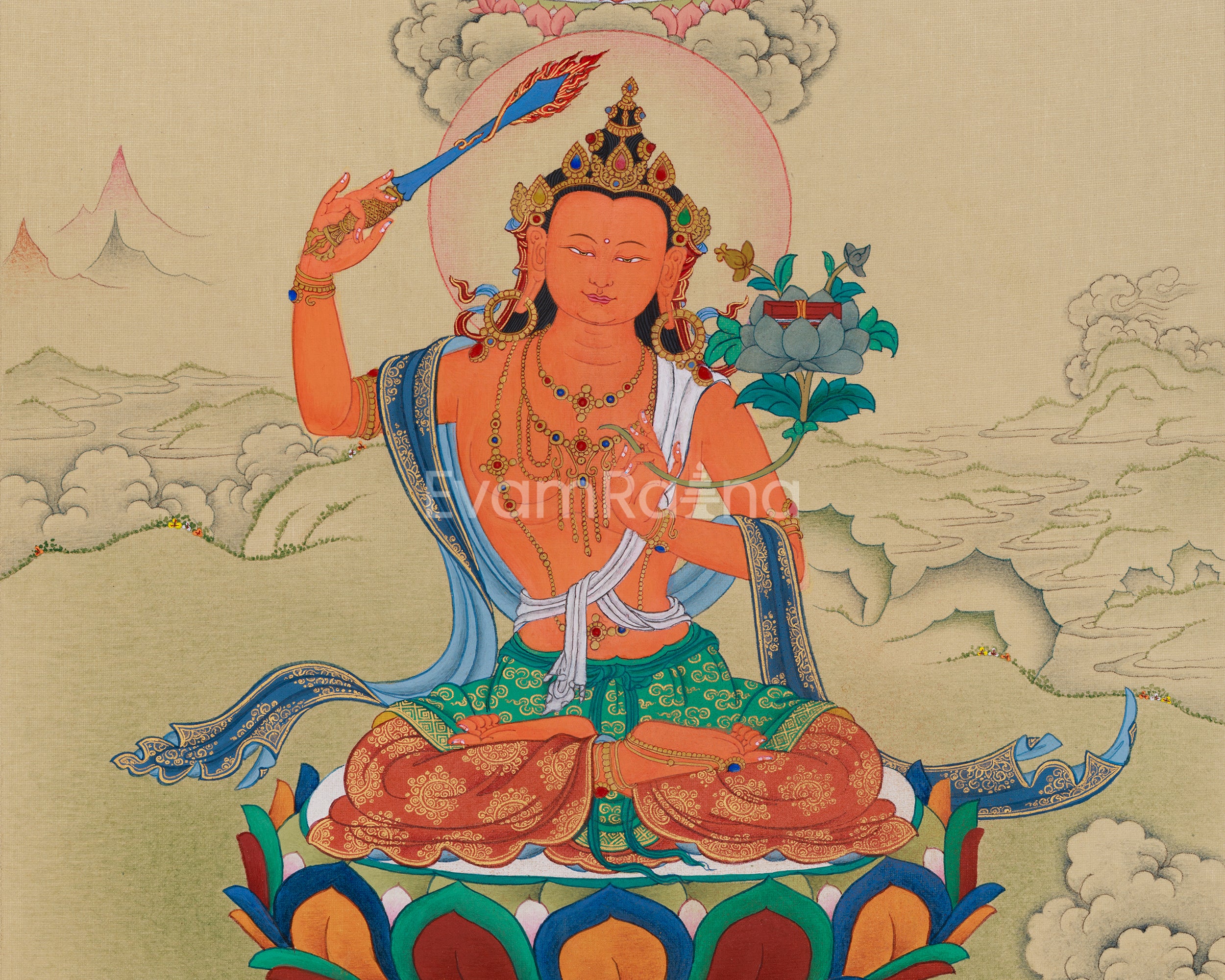 Traditional Manjushri With Mitrupa Thangka | A Gateway to Insight