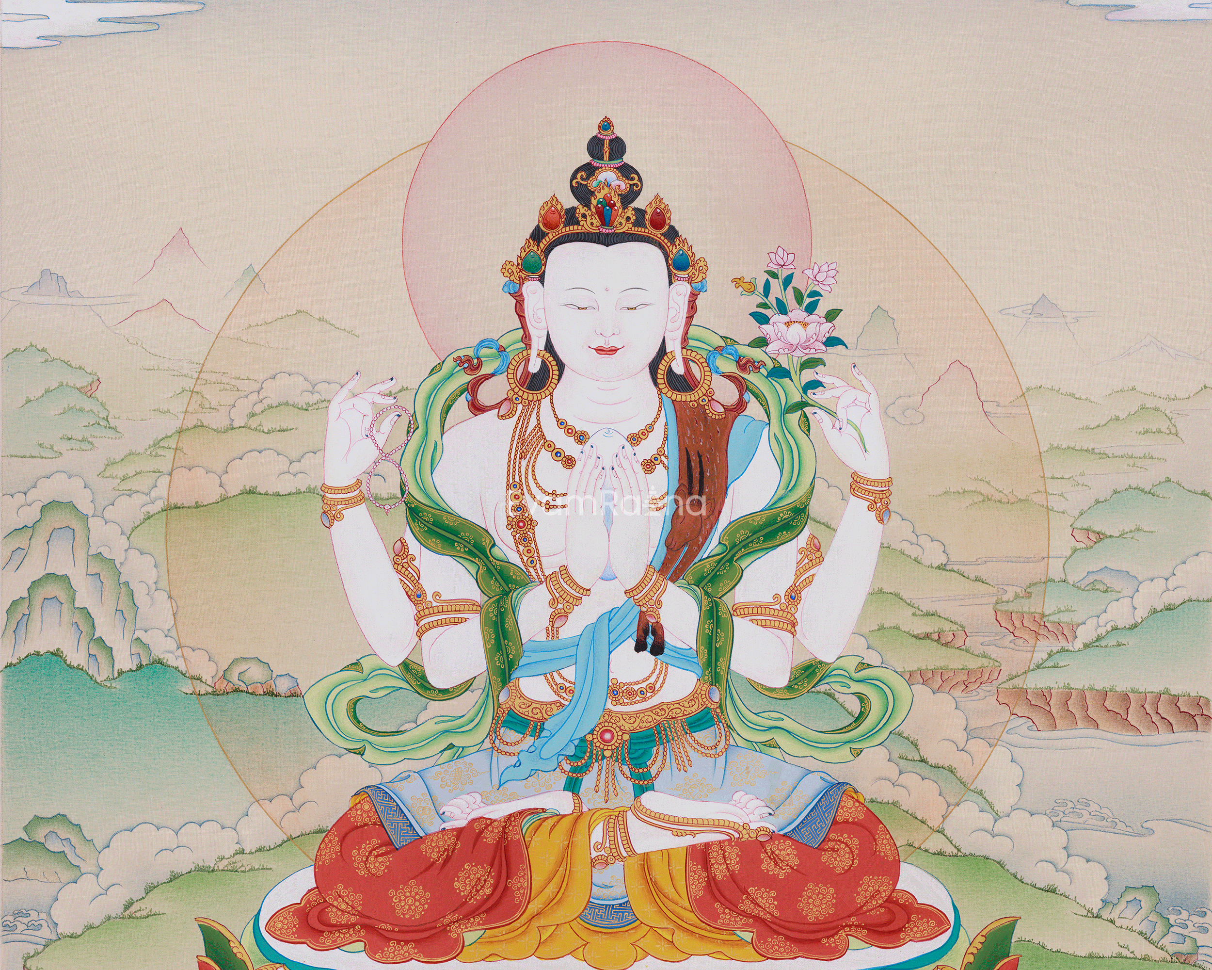 18 Inch Traditional Avalokiteshvara Thangka | Divine Artwork of the Bodhisattva of Mercy