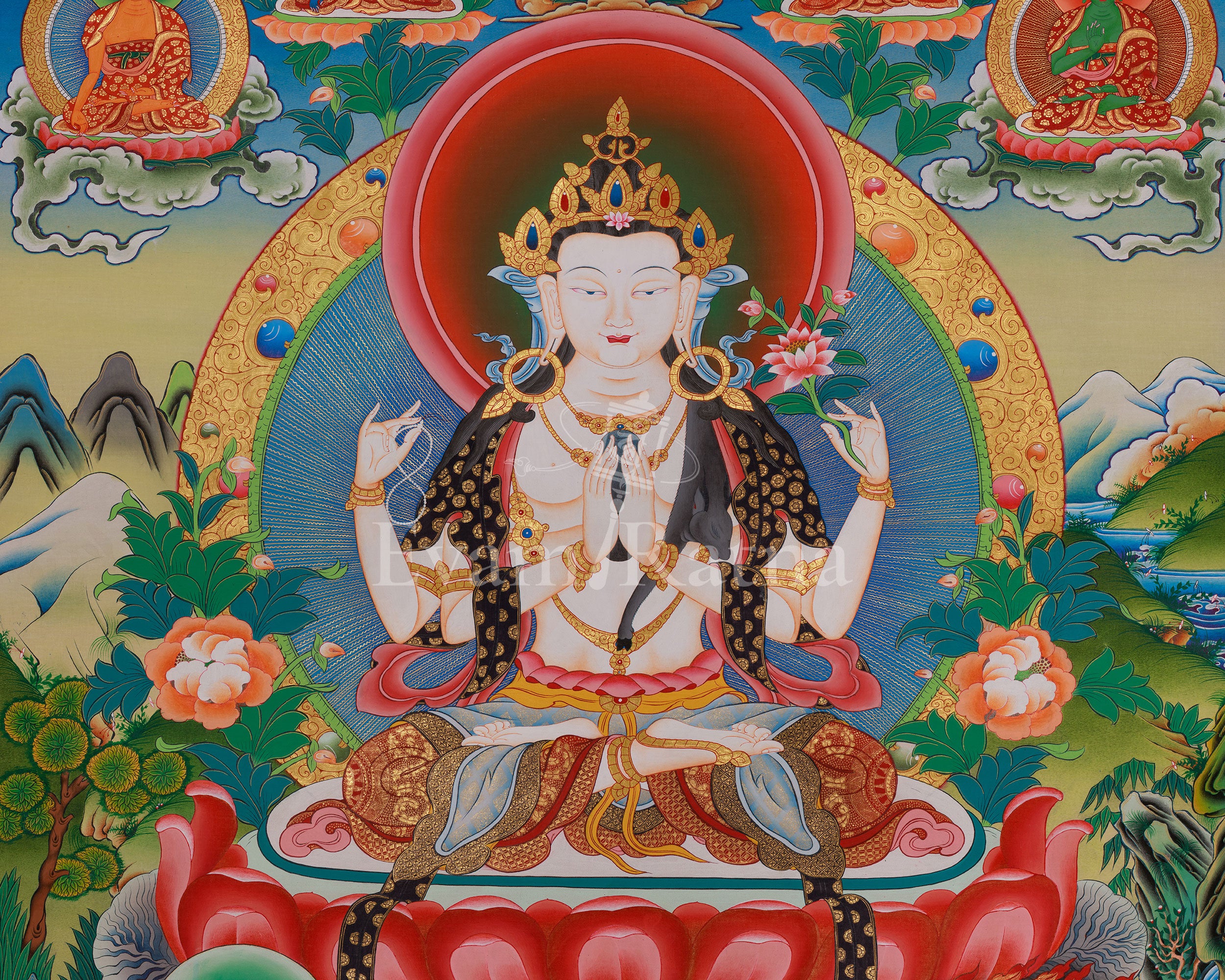 Chenrezig With Other Deities Thangka | Five Dhyani Buddha | Vajrapani And Manjushri Art