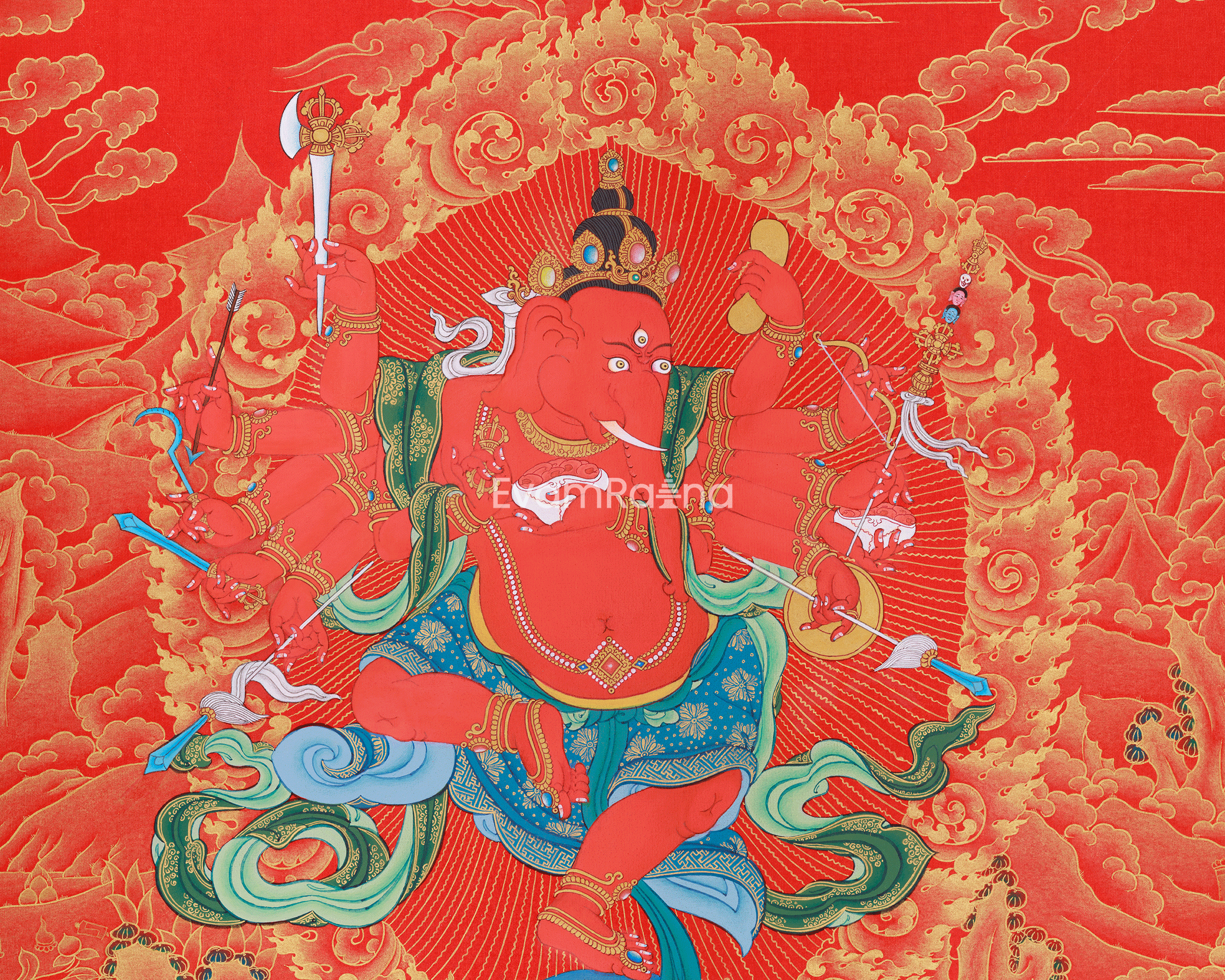 Lord Ganesha Thangka | The Remover of Obstacles | Nakthang (Gold on Red) Style