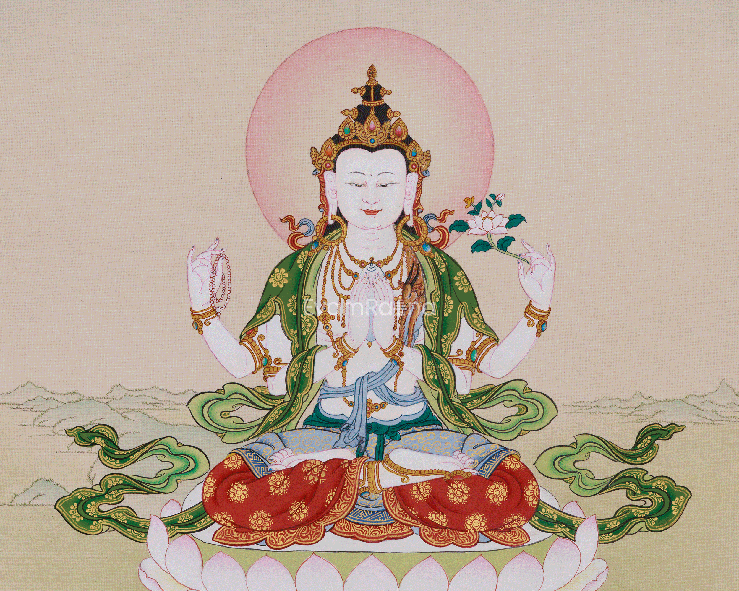 Compassion Bodhisattva Chenrezig Thangka | Four Armed Chenrezig