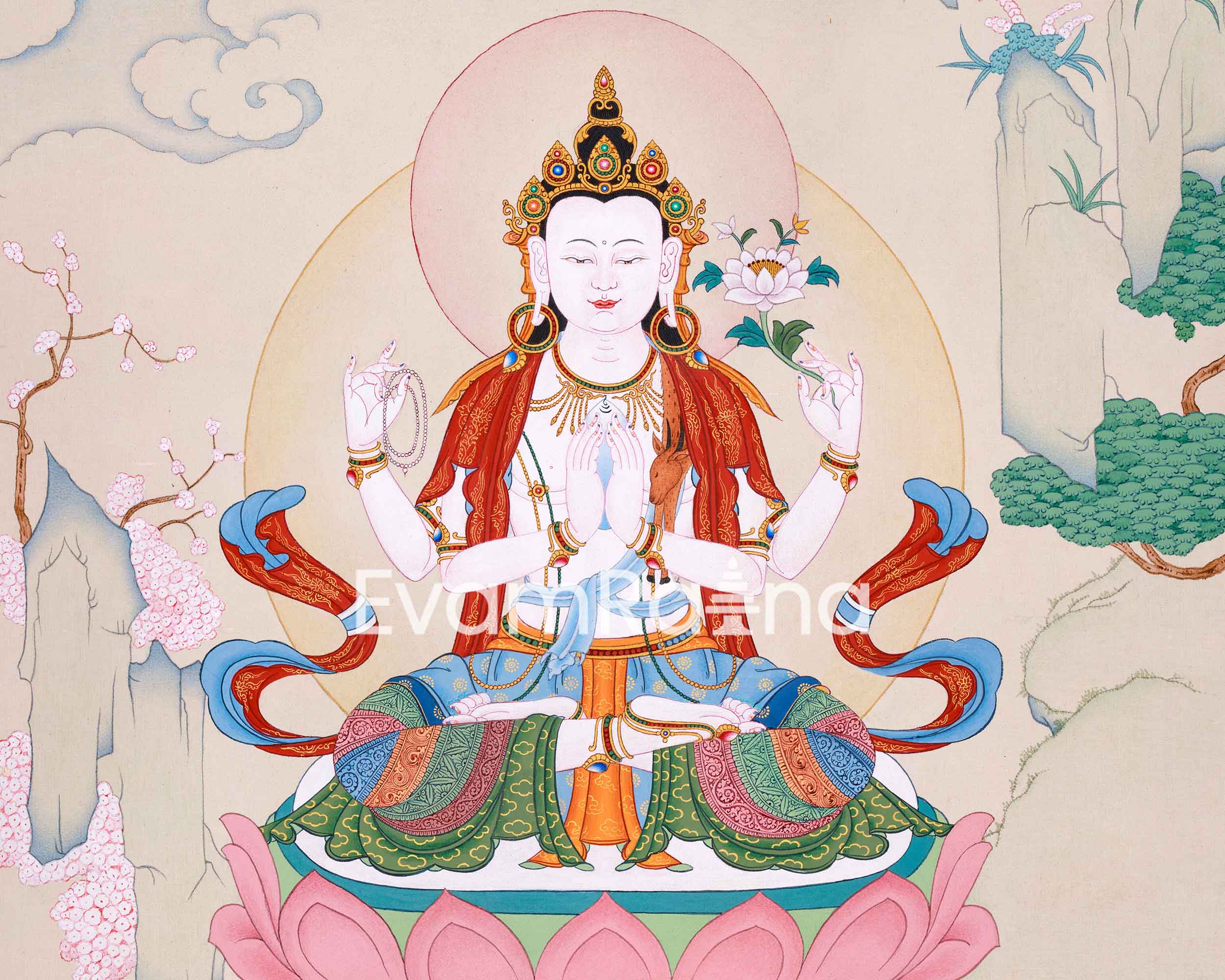 Hand-painted Four-Armed Chenrezig Thangka | Avalokiteshvara Bodhisattva Art