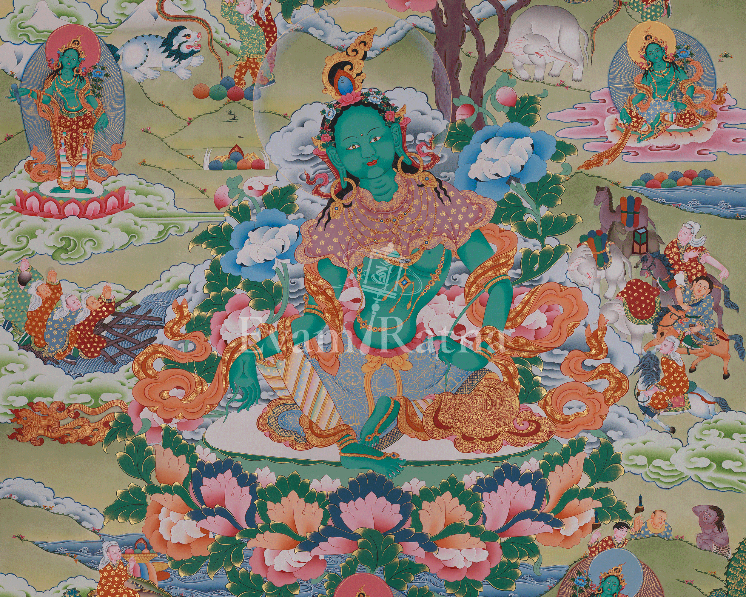 Shyama Tara Buddhist Thangka | Compassionate Goddess Green Tara